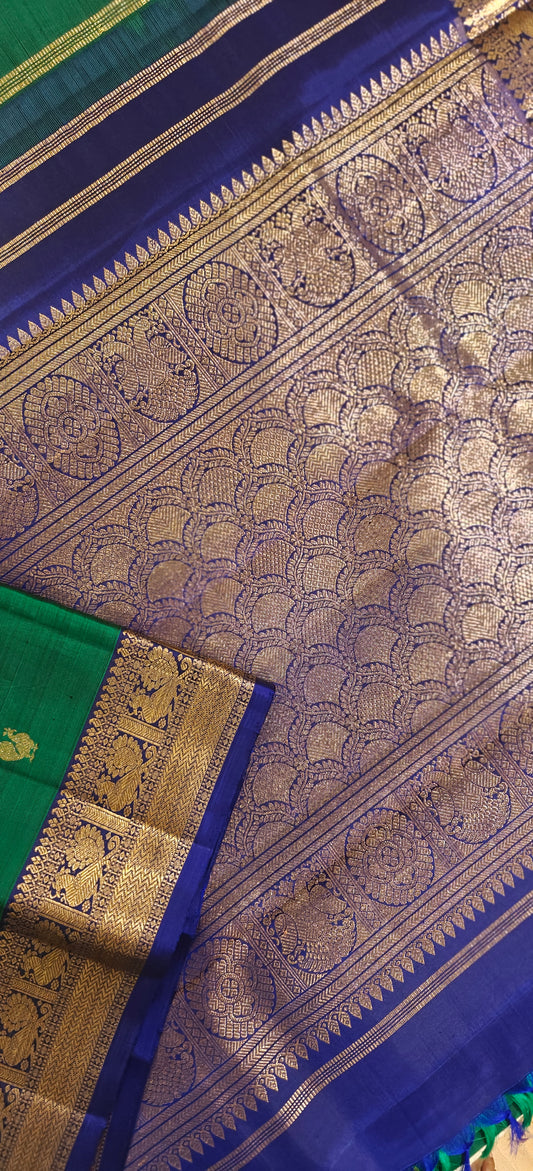 Dark Green And Blue Kanjivaram Saree | 3-gram Zari