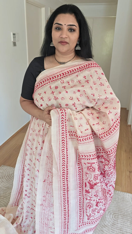 Cream and Red Kantha Silk Sari