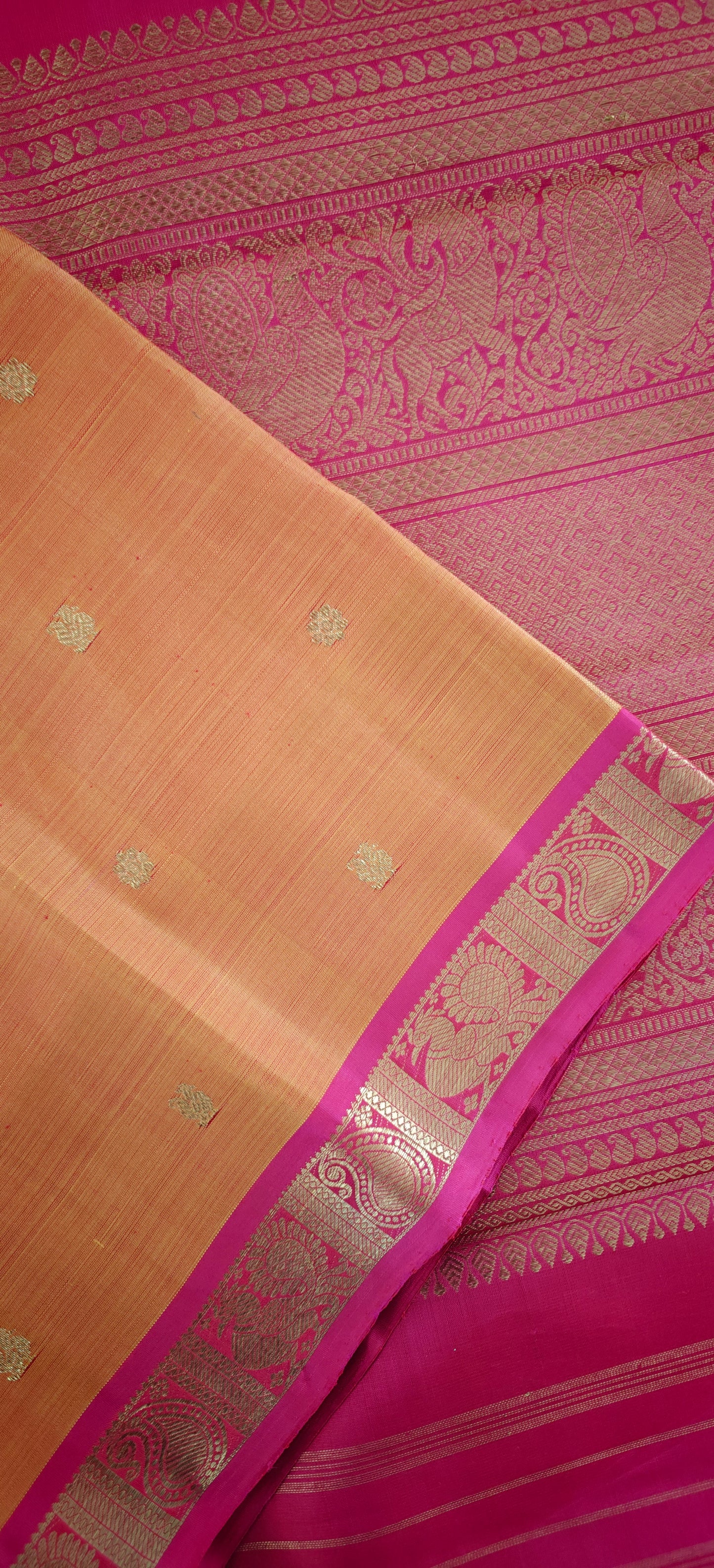 Kesar Orange and Rani Pink Handwoven Kanjivaram Silk Sari