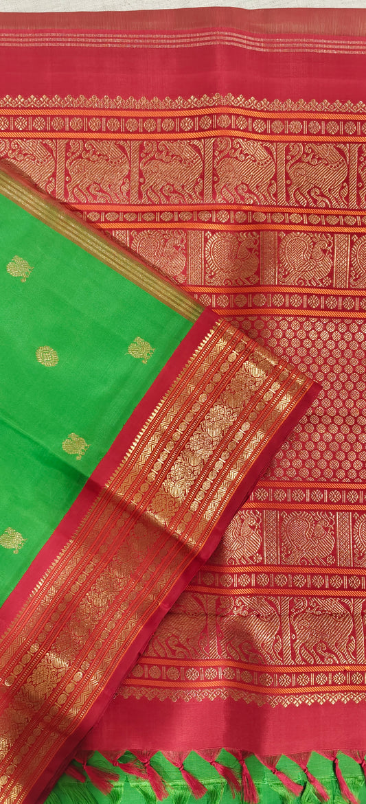 Parrot Green and Red Kanjivaram Saree | 3-gram Zari