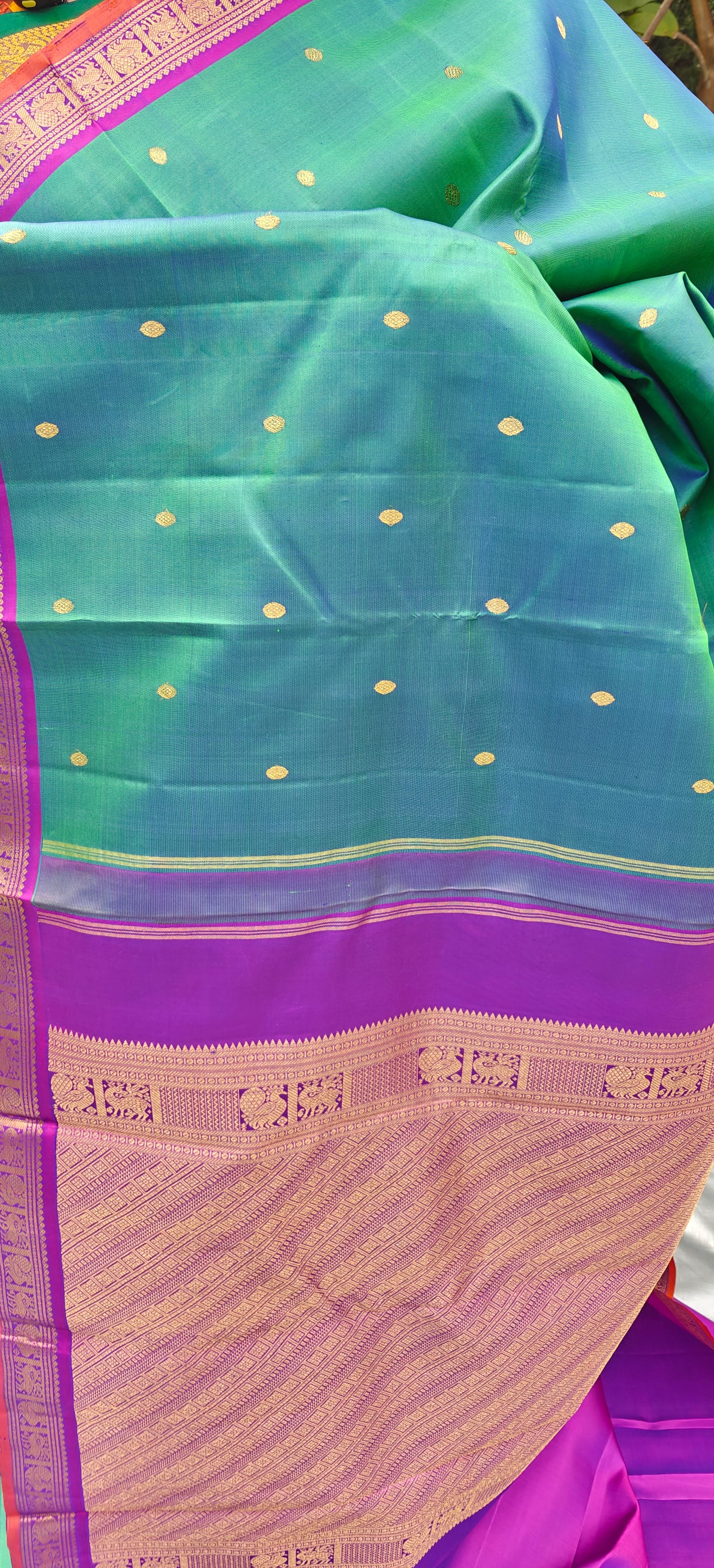 Pre Order:Peacock Green and Violet- Kanjivaram Silk Saree