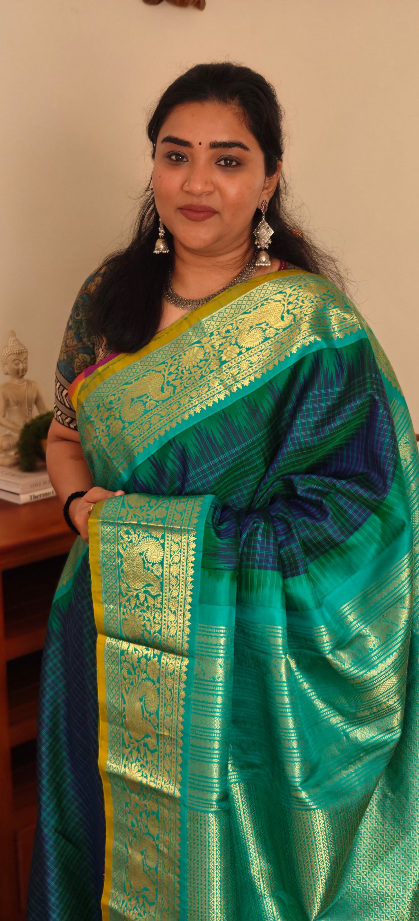Peacock Blue and Turquoise Blue Gadwal Silk Sari
