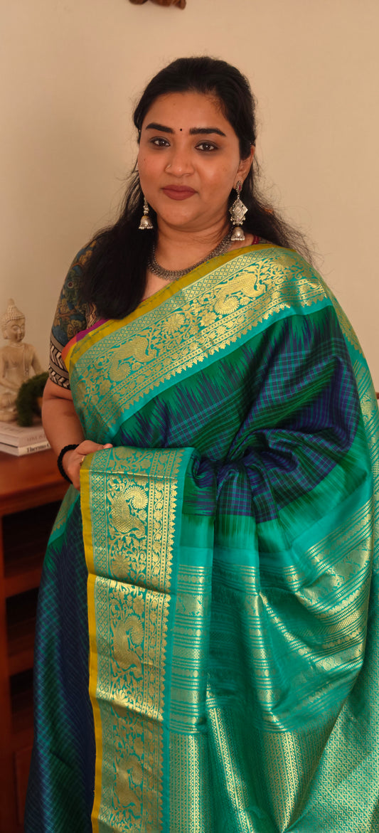 Peacock Blue and Turquoise Blue Gadwal Silk Sari