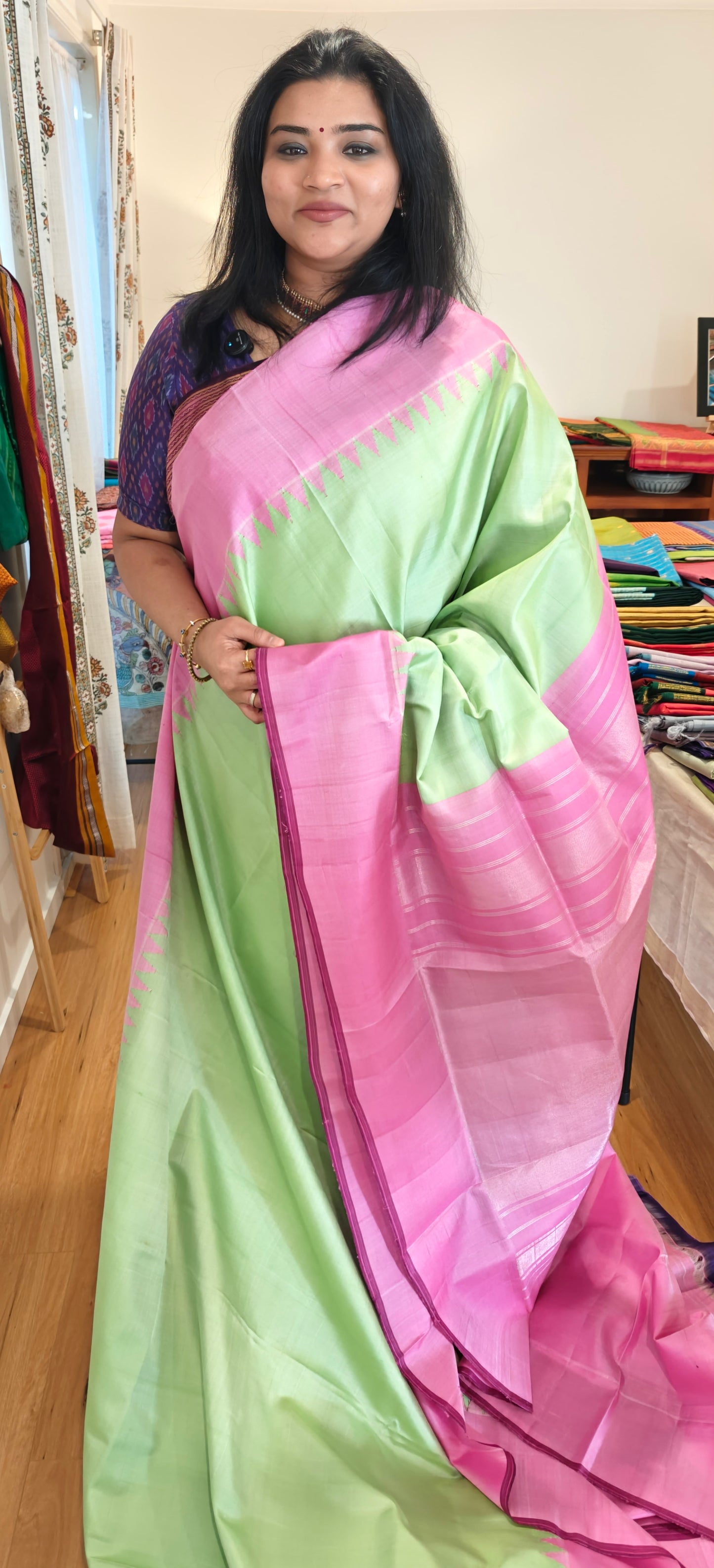 Pista Green and Pink Gadwal silk saree