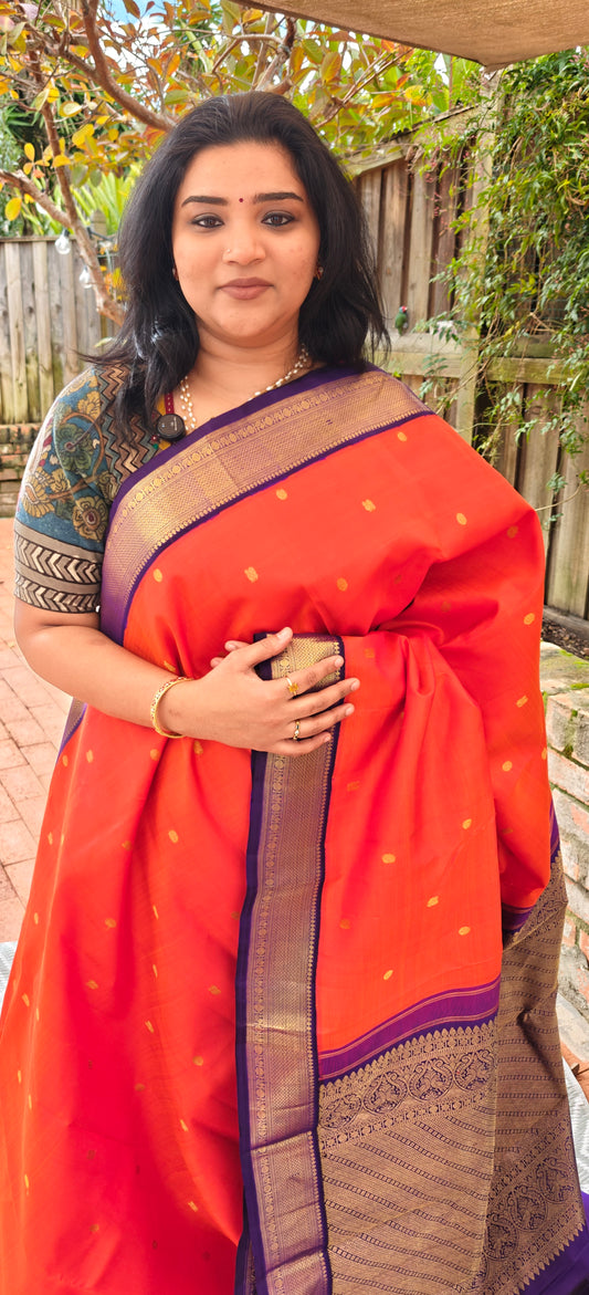 Orange and Violet korvai -Kanjivaram Silk Saree