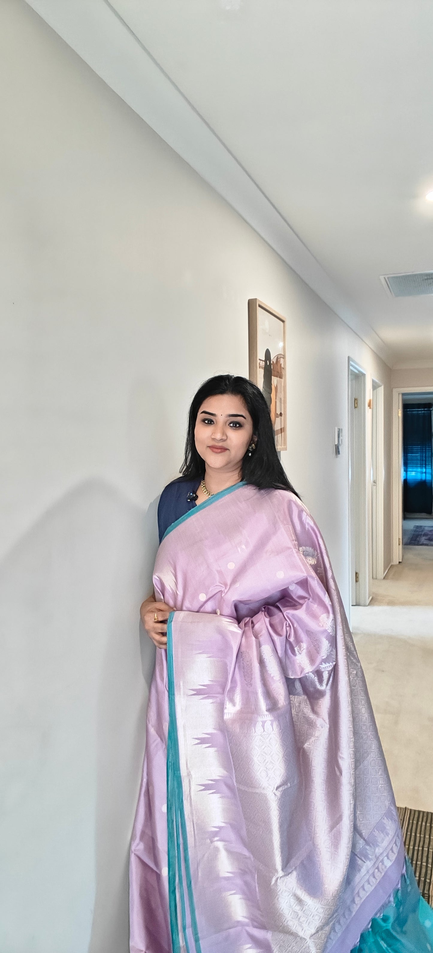 Lavender Teal and Silver -Gadwal Silk Sari