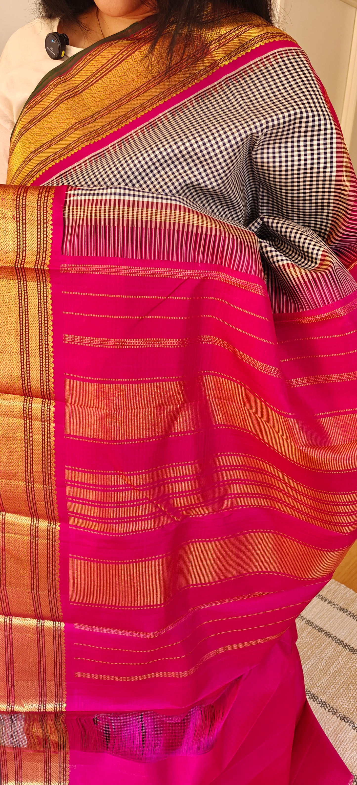 Dark blue and white micro check with pink-Kanjivaram Silk Saree