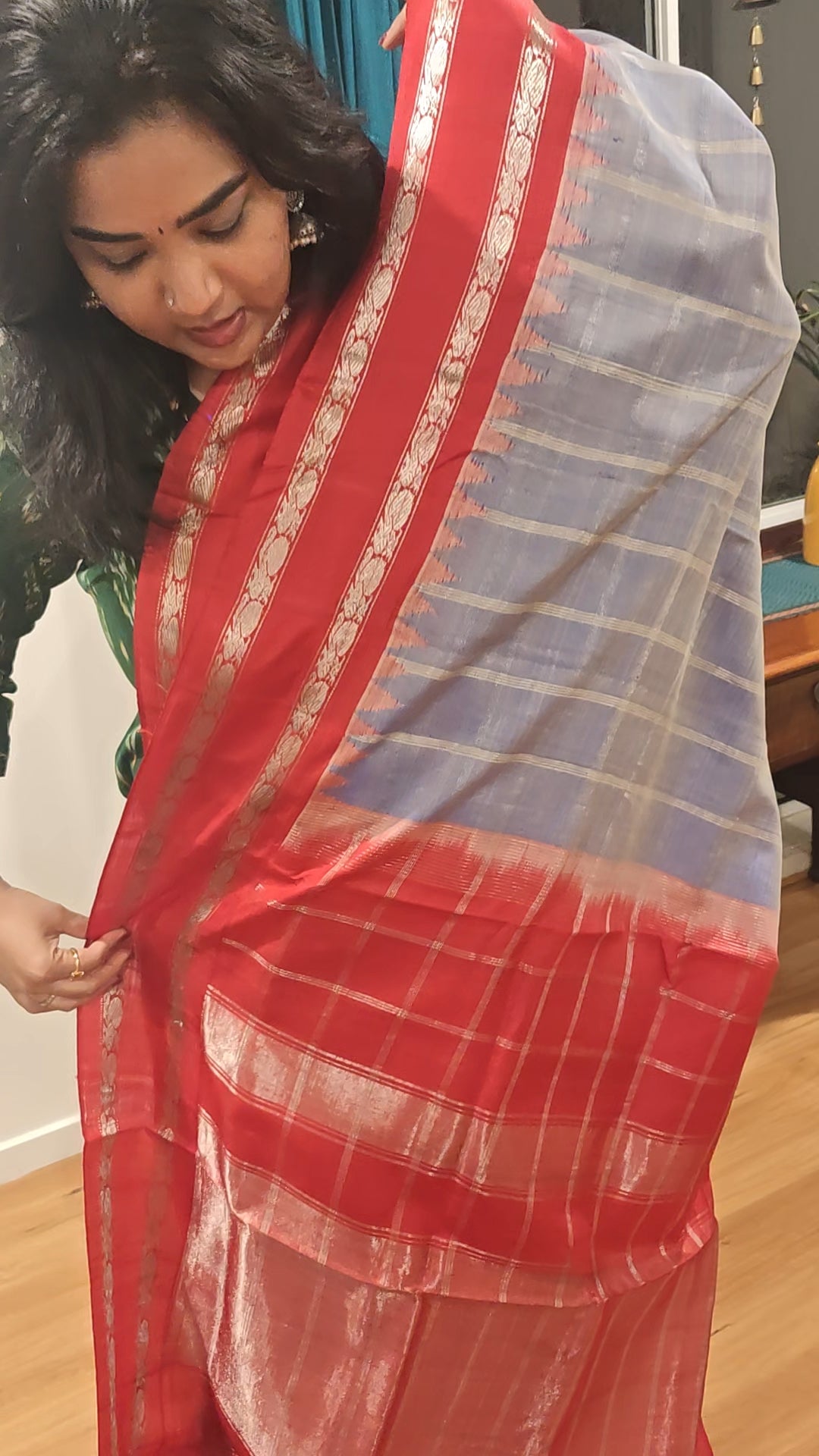 Lavender and Red Gadwal Silk Sari