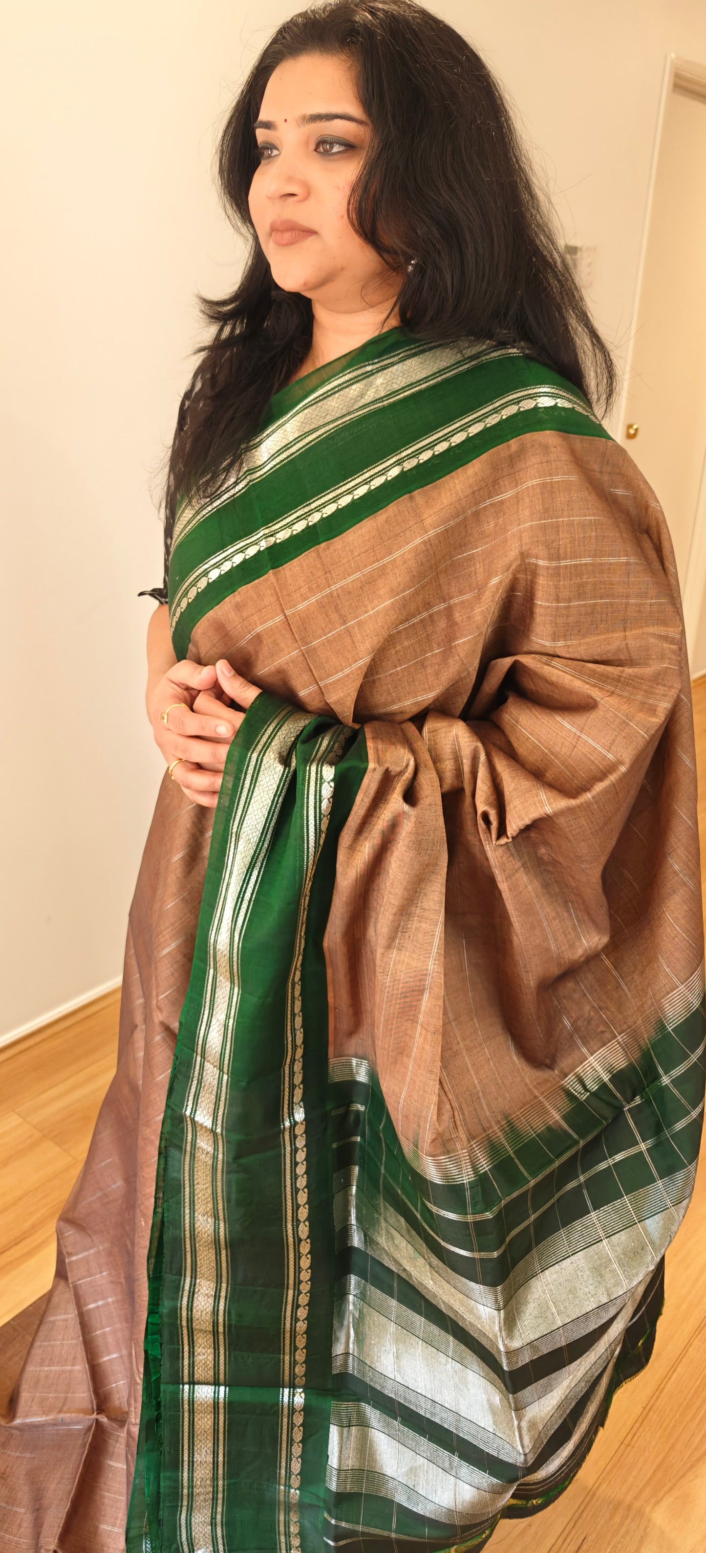 Brown and Green Silk Cotton Gadwal saree