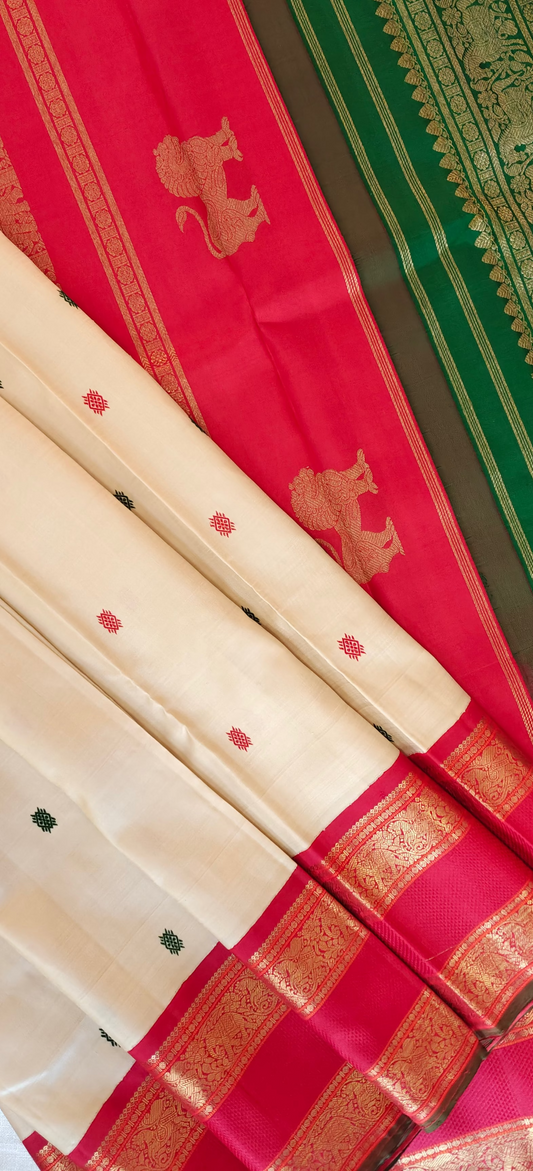 Cream with green and red kanjivaram silk saree