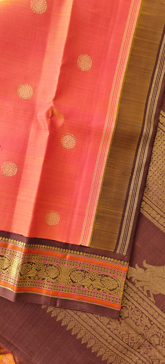 Peach and Pink With Brown Kanjivaram Saree | 3-gram Zari