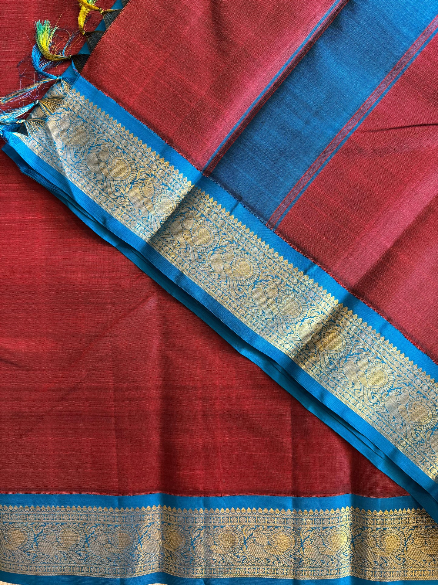 Wine Red and Blue korvai -Kanjivaram Silk Saree