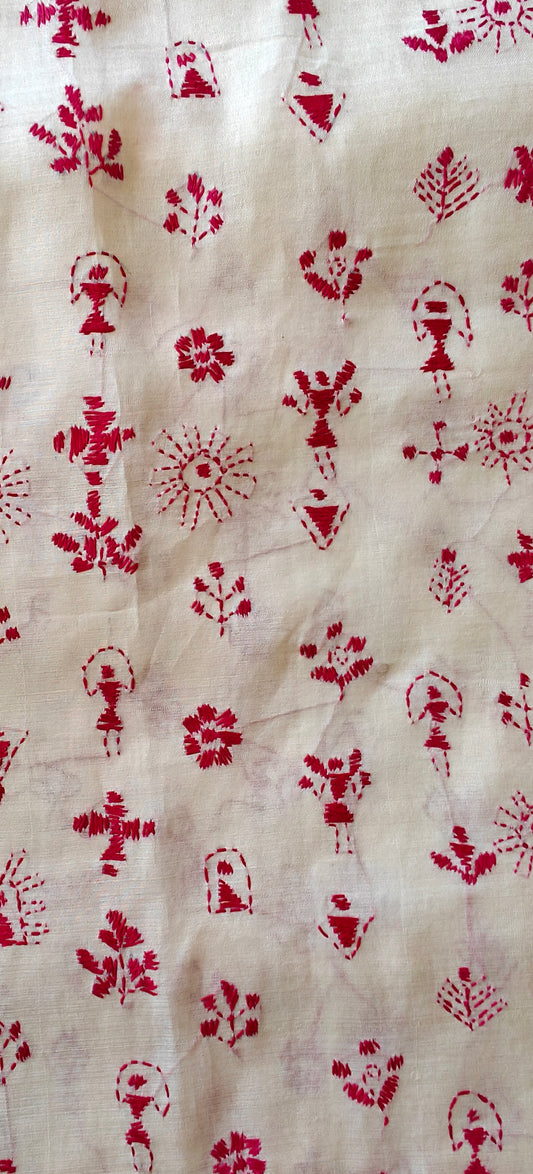 Cream and Red Kantha Silk Sari