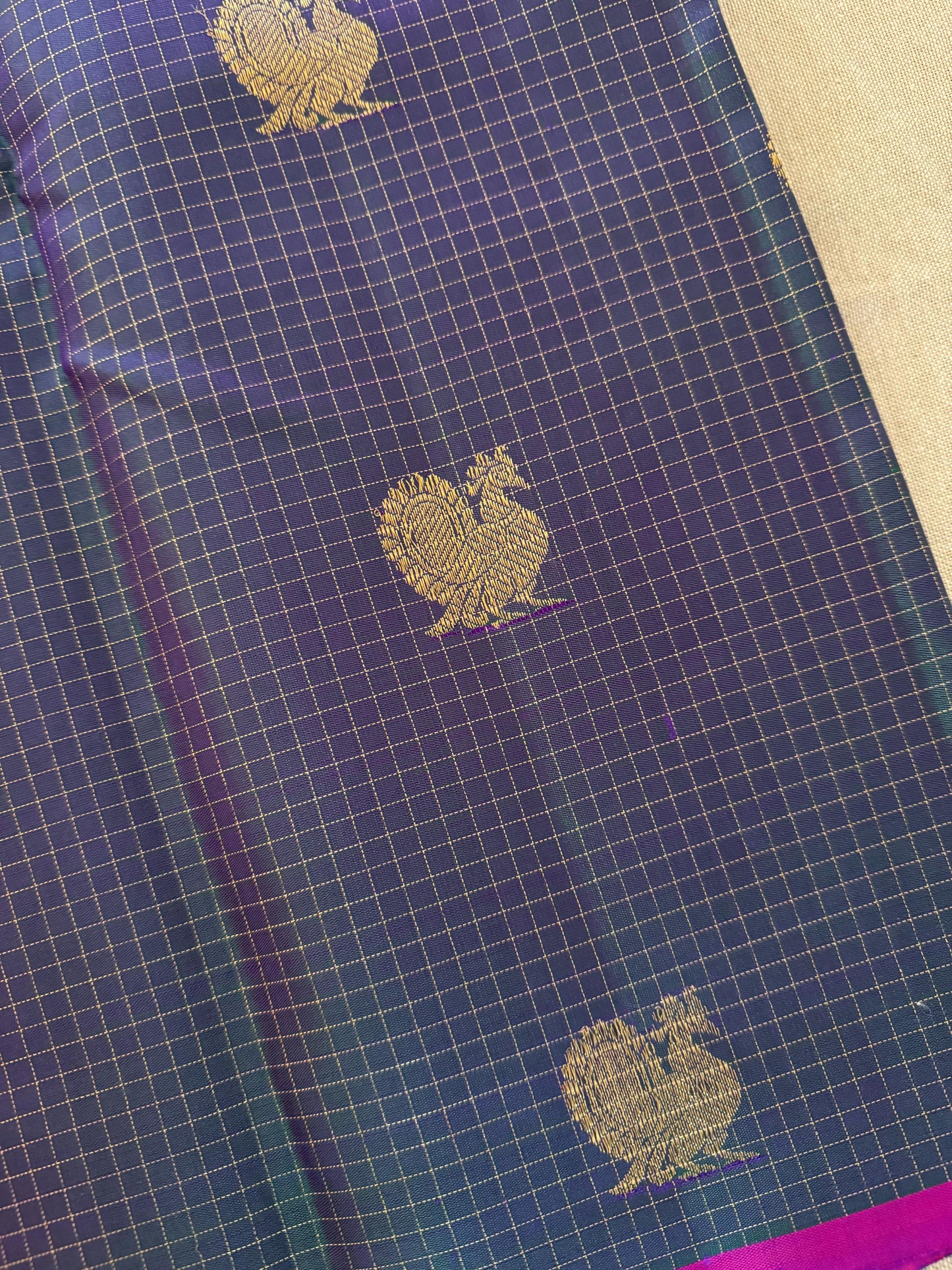 Peacock Blue and Pink Zari Kattam -Kanjivaram Silk Saree