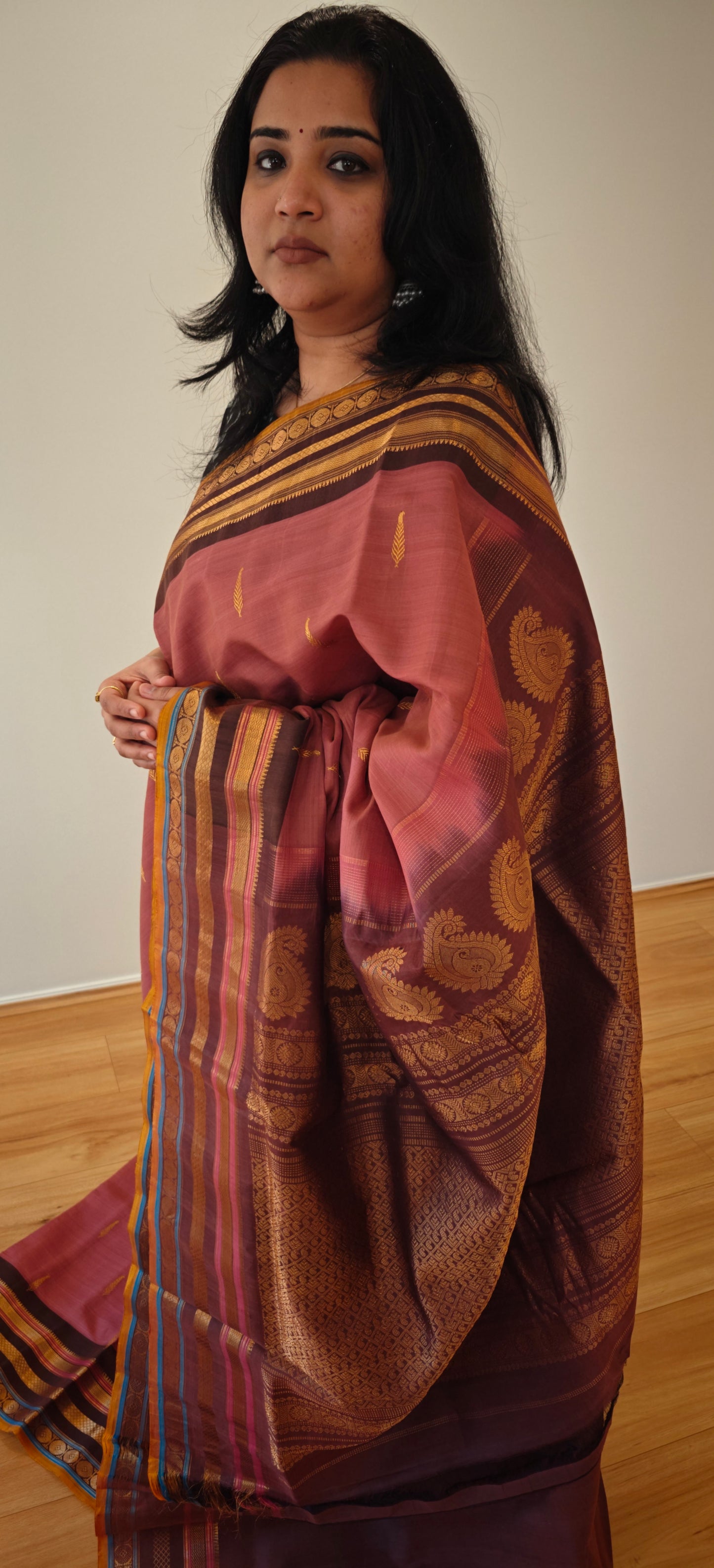 Mauve and Brown Silk Cotton Gadwal saree