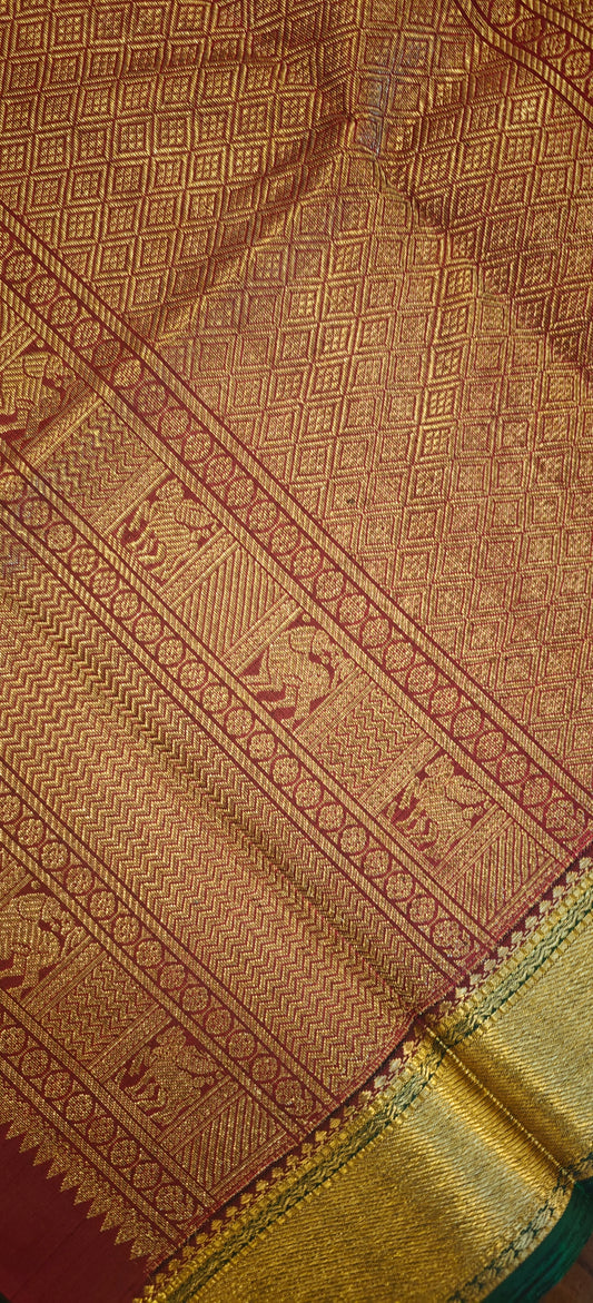 Bottle green and maroon kanjivaram silk saree