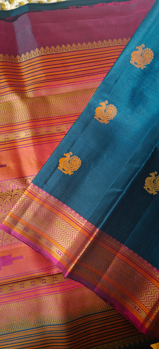 Sapphire & Magenta No Zari Handwoven Kanjivaram