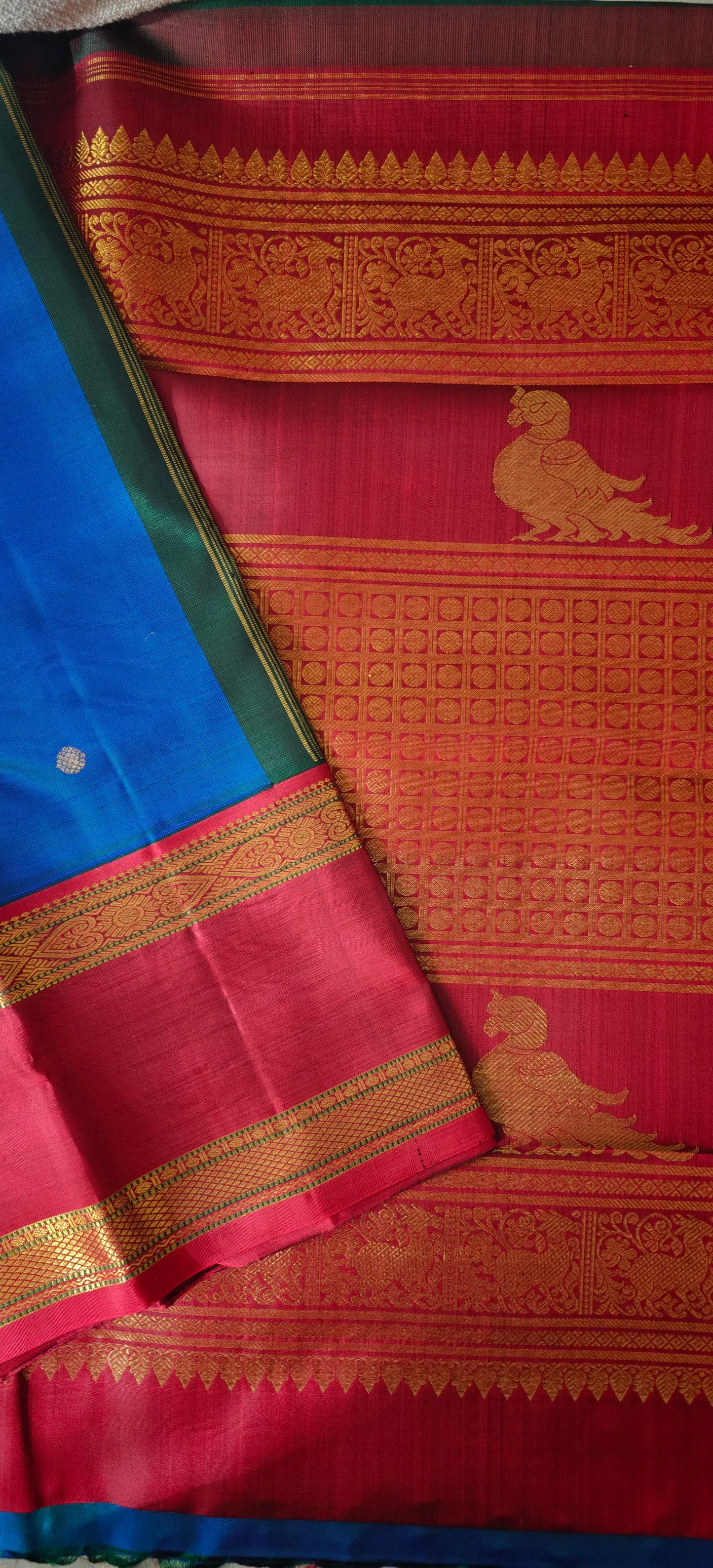 Peacock blue and maroon kanjivaram silk saree