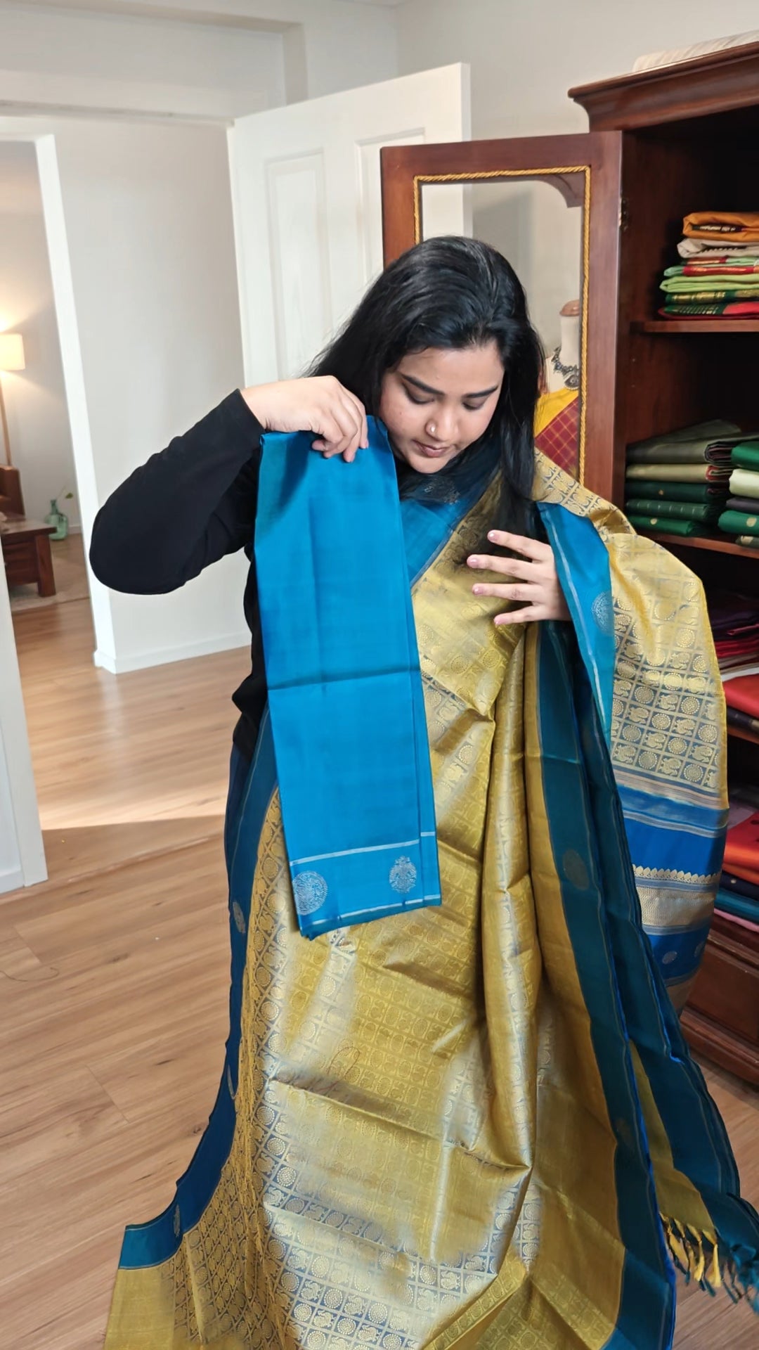 Golden Thread with Cobalt Blue Handwoven Kanjivaram Silk Sari