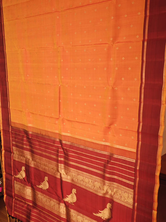Kesar Orange and Maroon kanjivaram silk saree