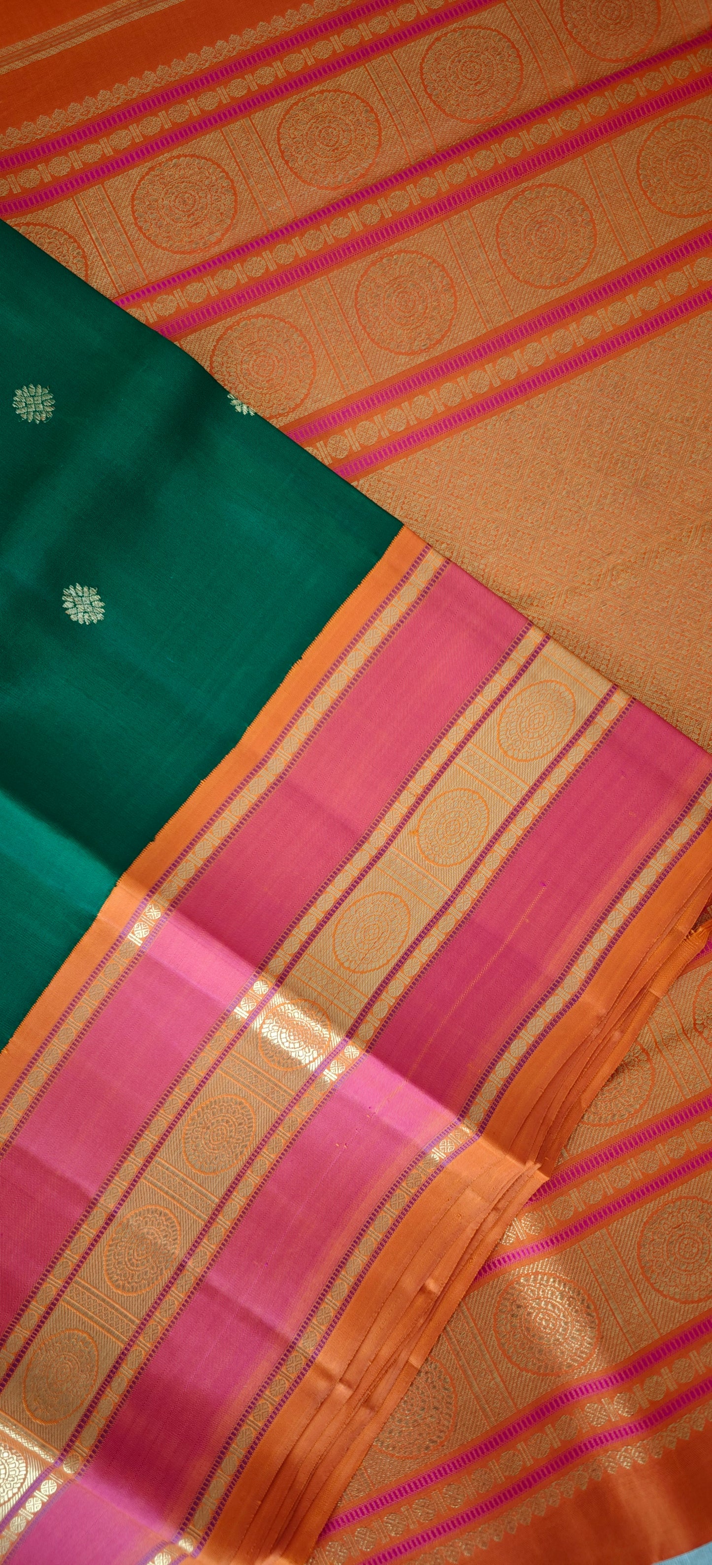 Green and Rani Pink with Orange Kanjivaram Saree | 3-gram Zari