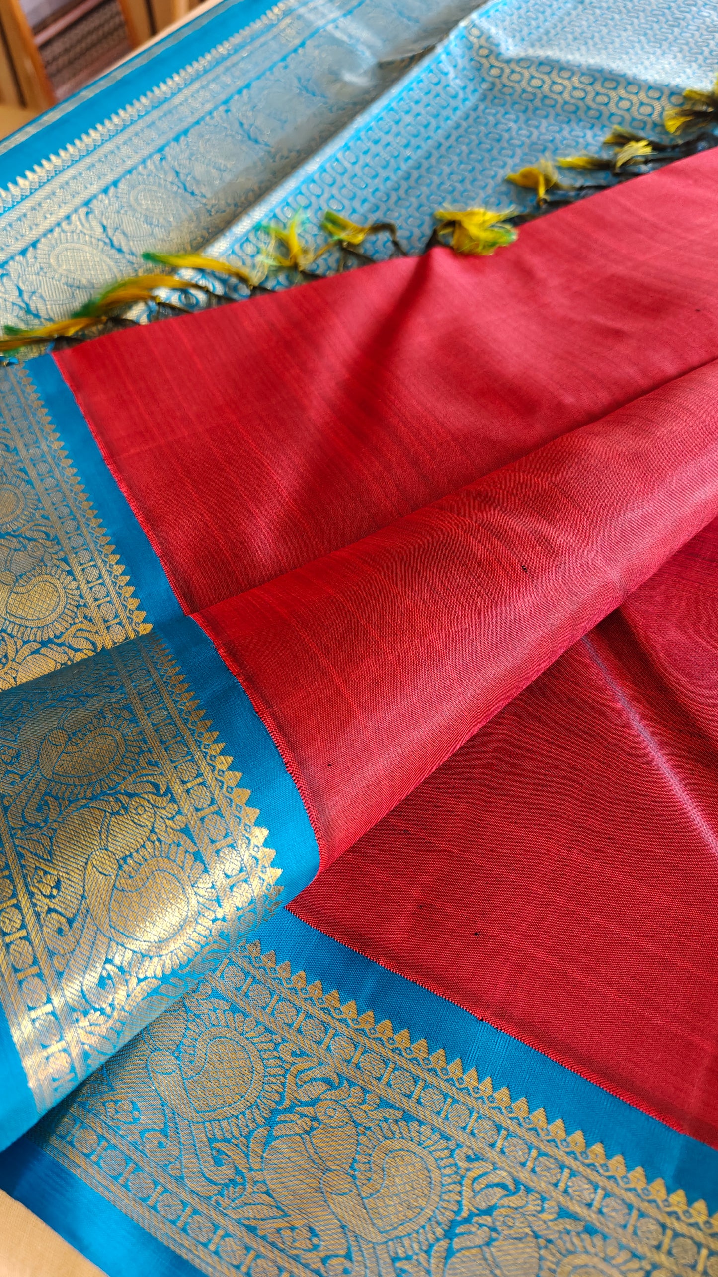 Wine Red and Blue korvai -Kanjivaram Silk Saree