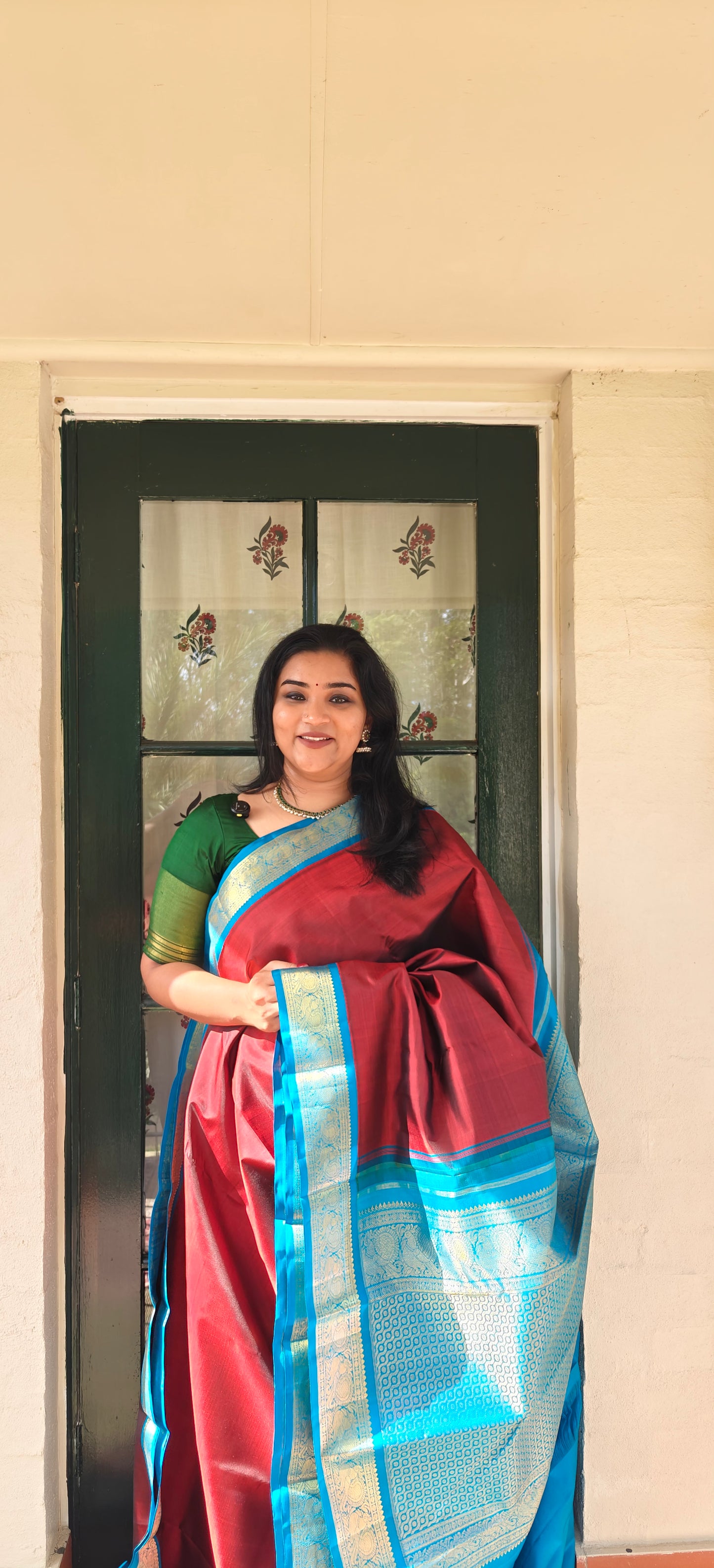 Wine Red and Blue korvai -Kanjivaram Silk Saree