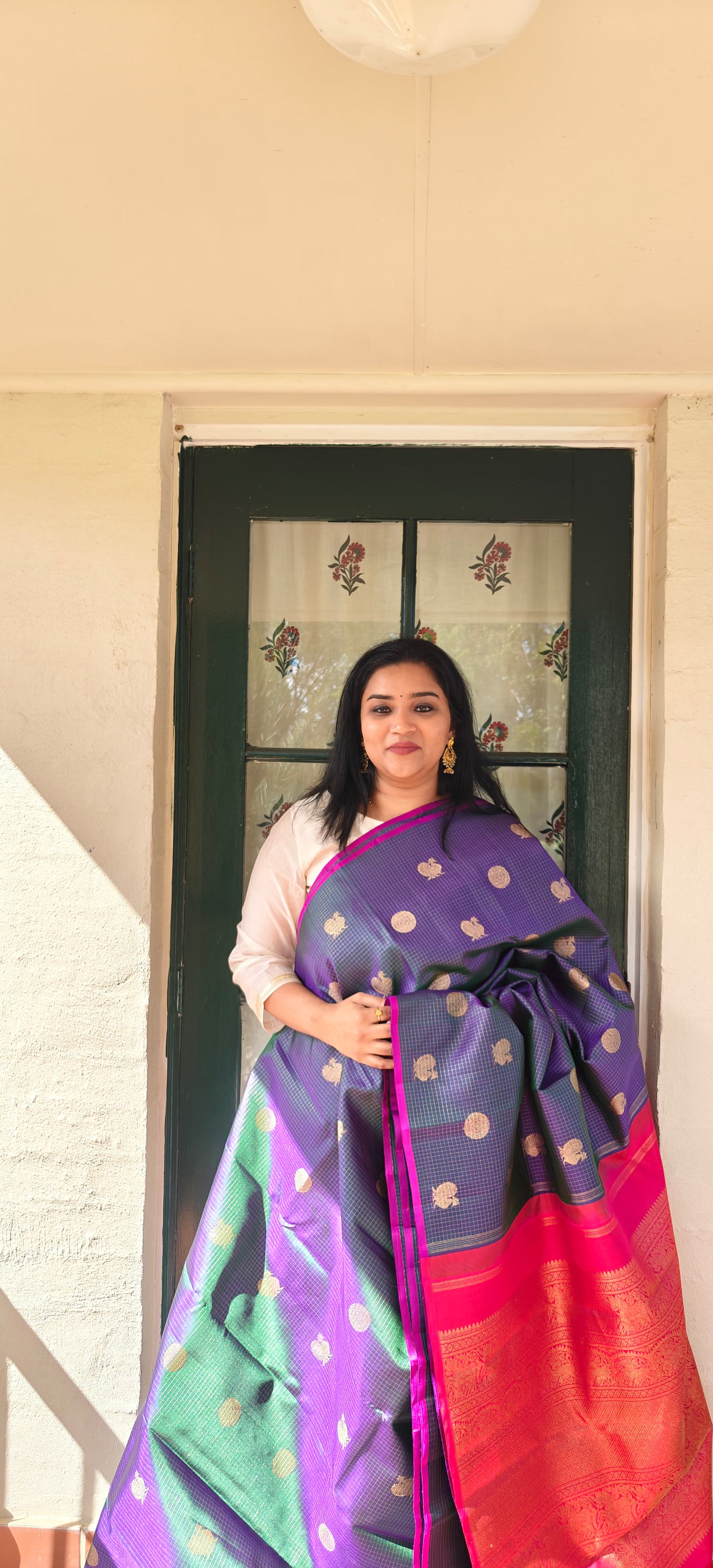 Peacock Blue and Pink Zari Kattam -Kanjivaram Silk Saree