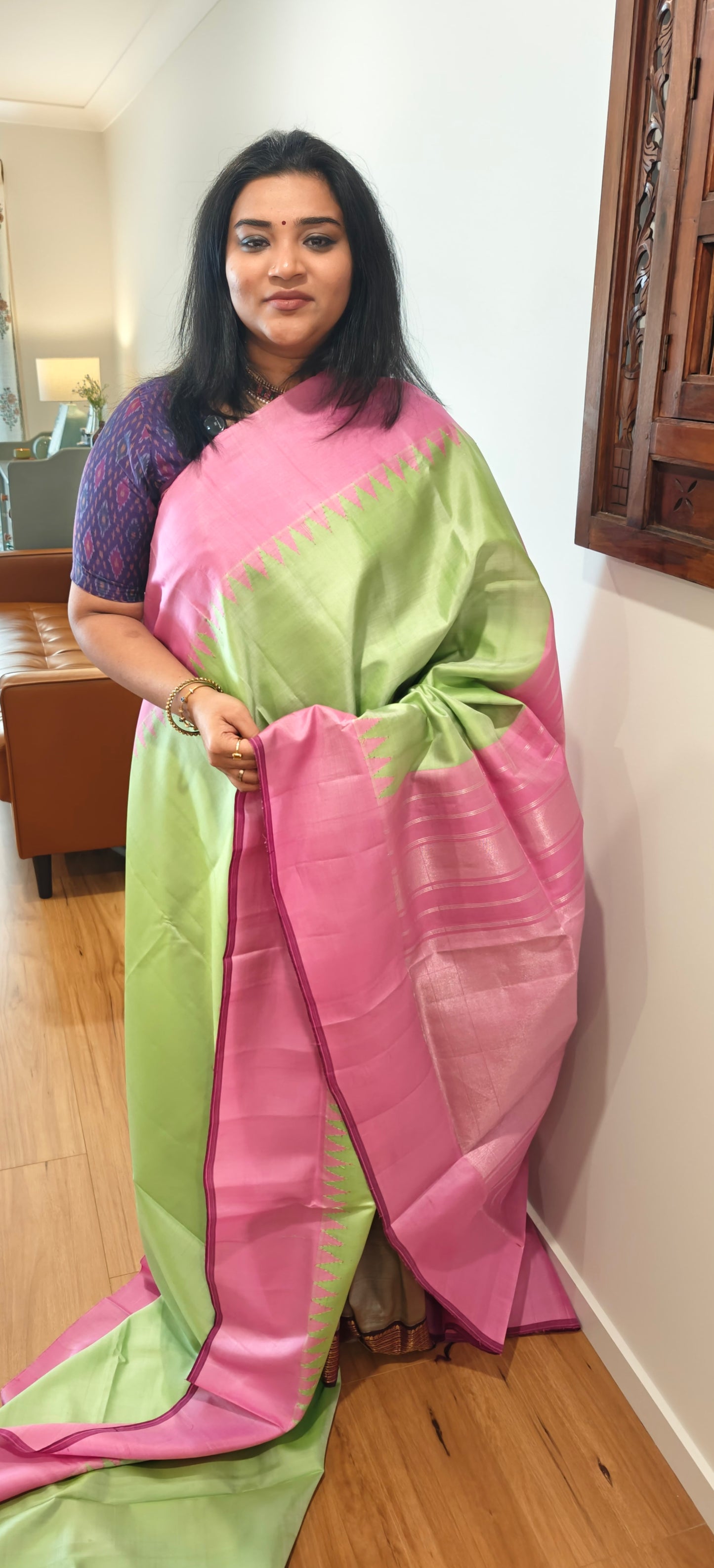 Pista Green and Pink Gadwal silk saree