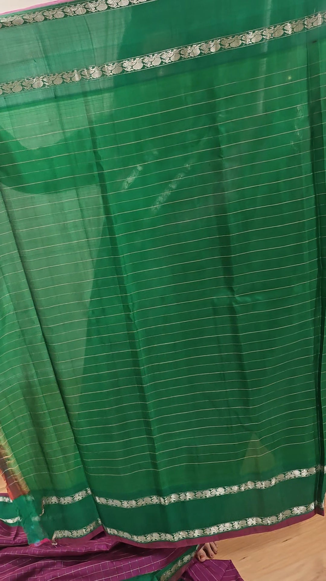 Plum Pink and Leaf Green Gadwal Silk Sari