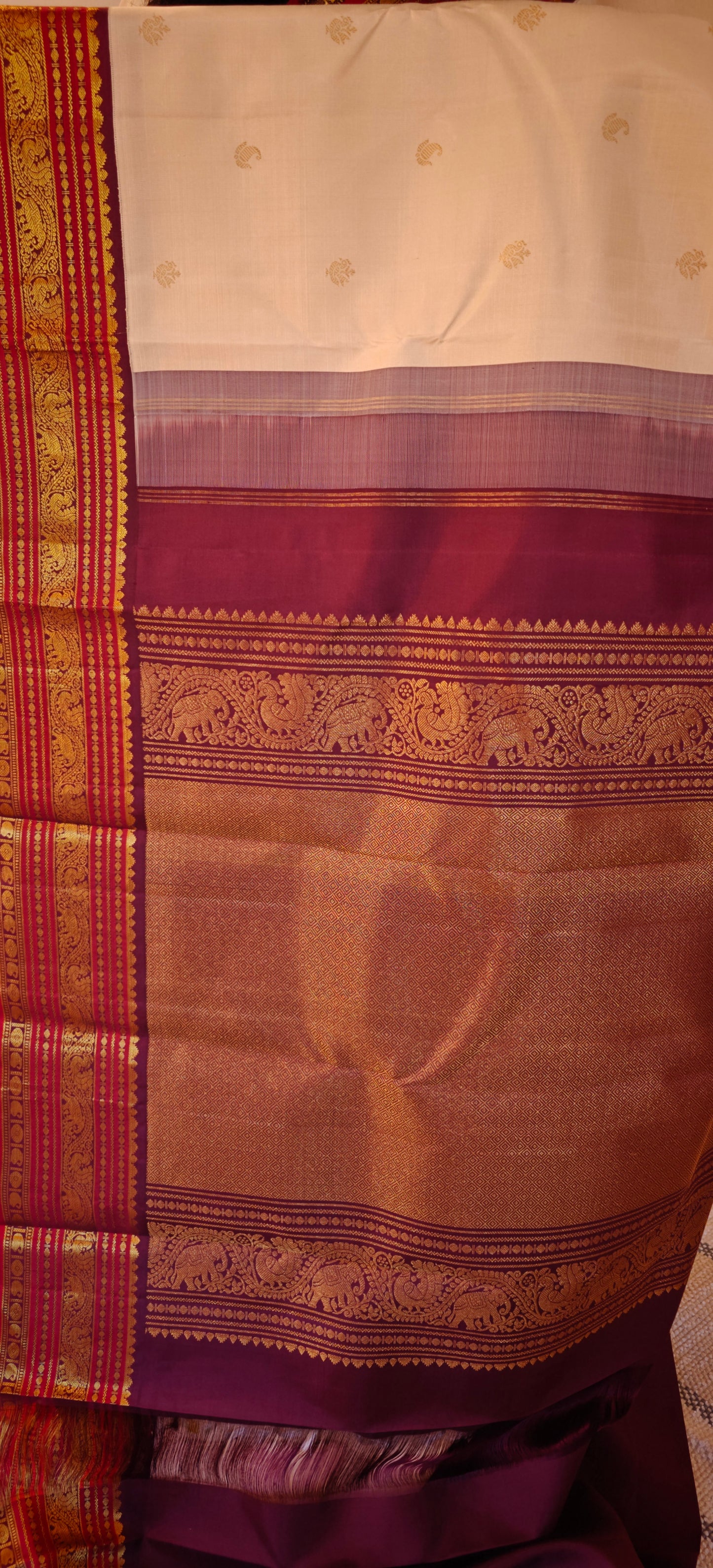 Cream and Brown korvai -Kanjivaram Silk Saree