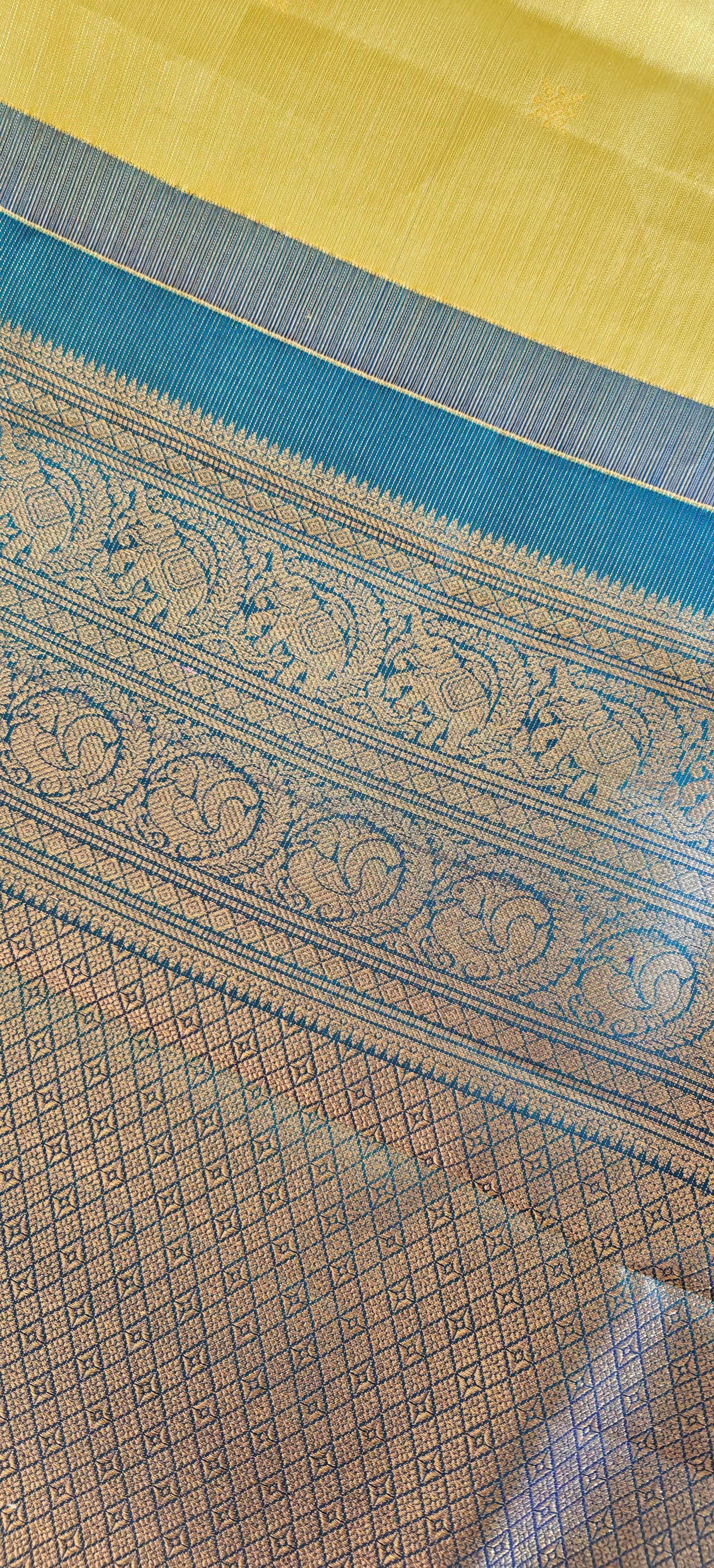 Lime Green with Peacock Blue Vairaoosi-Kanjivaram Silk Saree