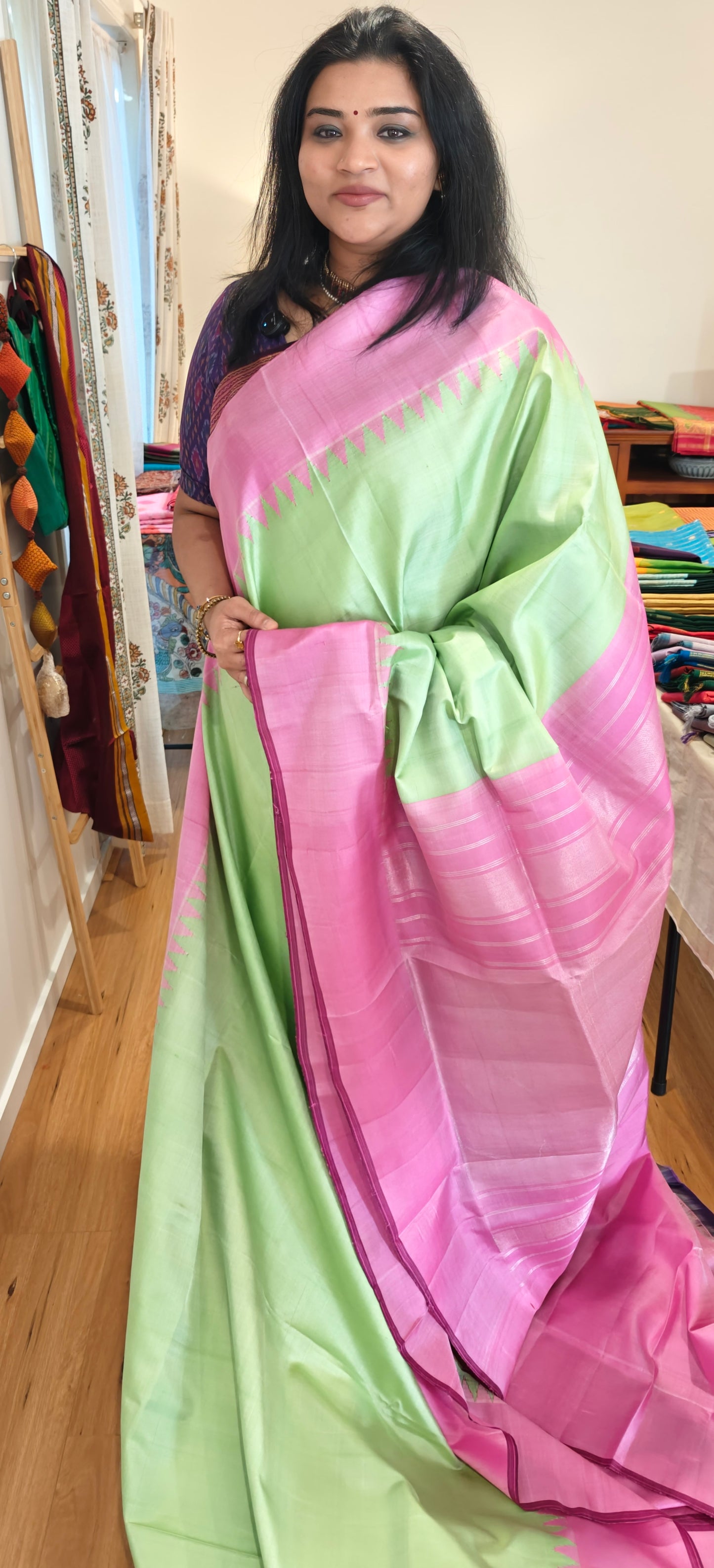 Pista Green and Pink Gadwal silk saree