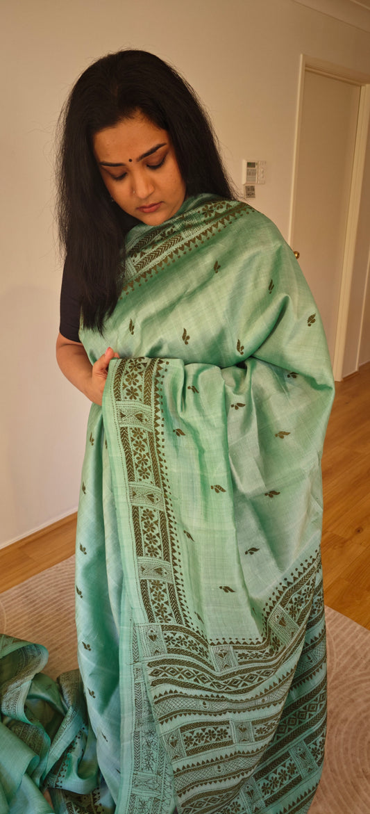 Pastel Blue Kantha Silk Sari