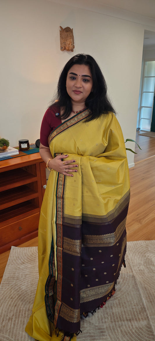 Sampangi and Brown kanjivaram silk sari