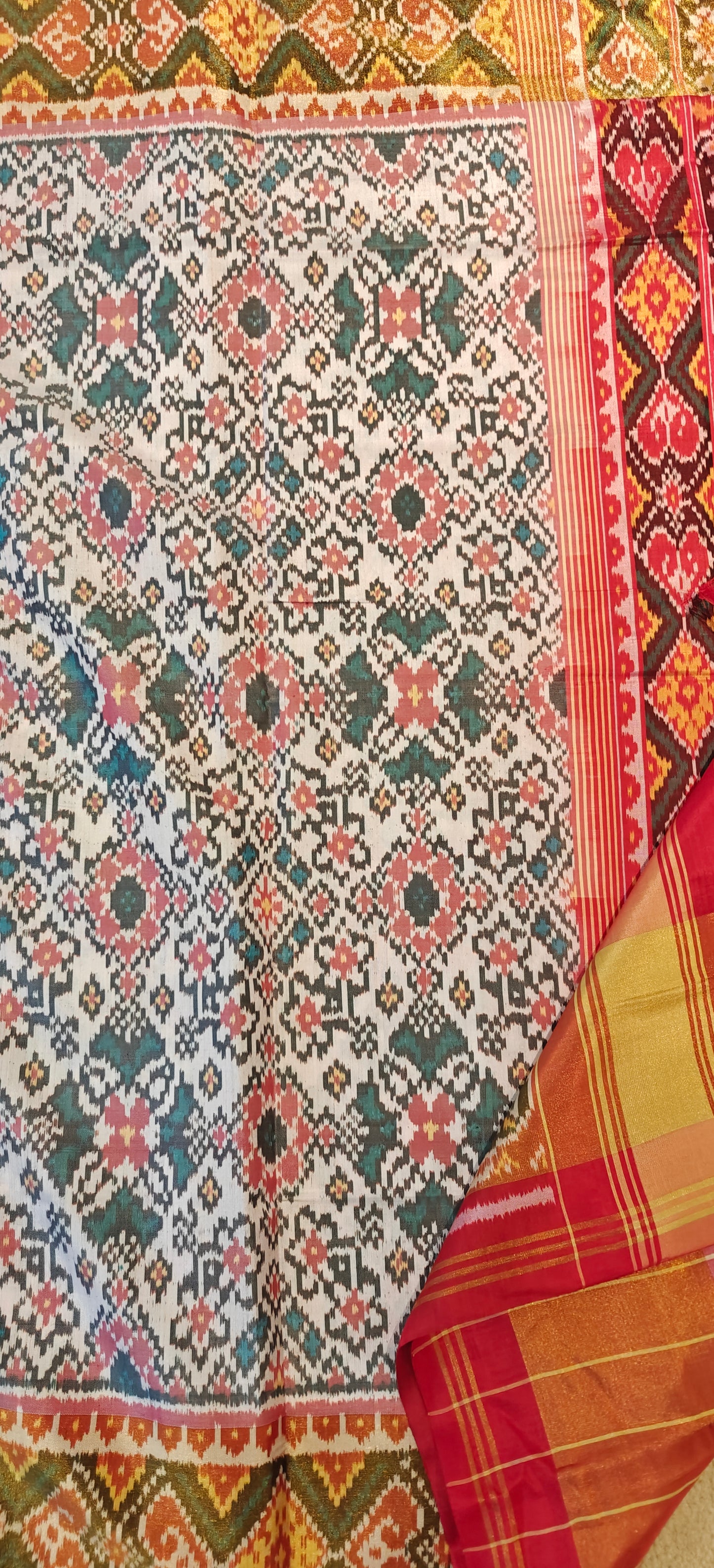 White and Red -Patola Ikkat Silk Saree
