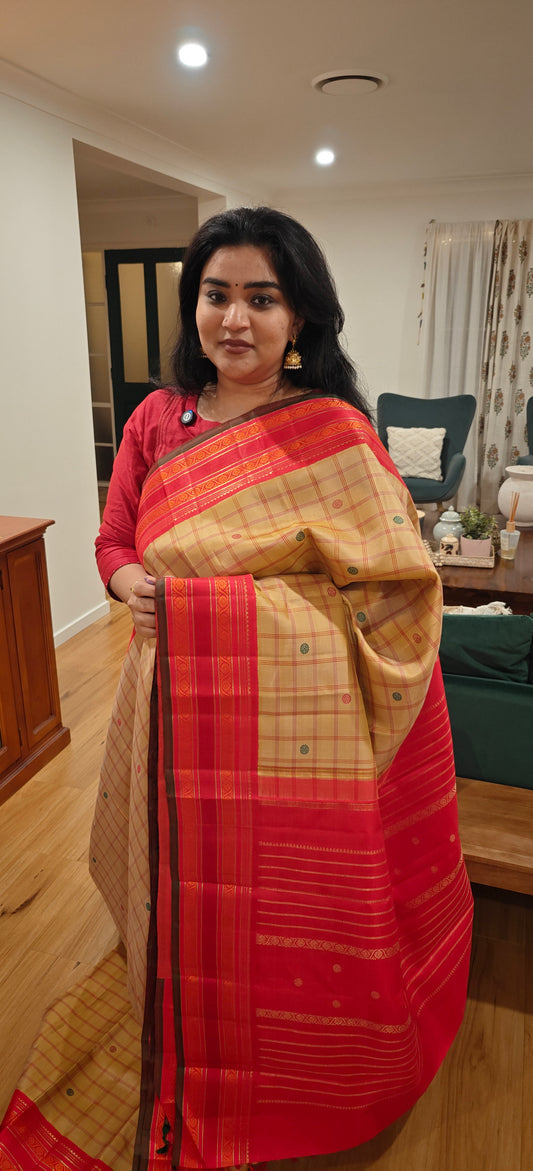 Beige and Red kanjivaram silk saree