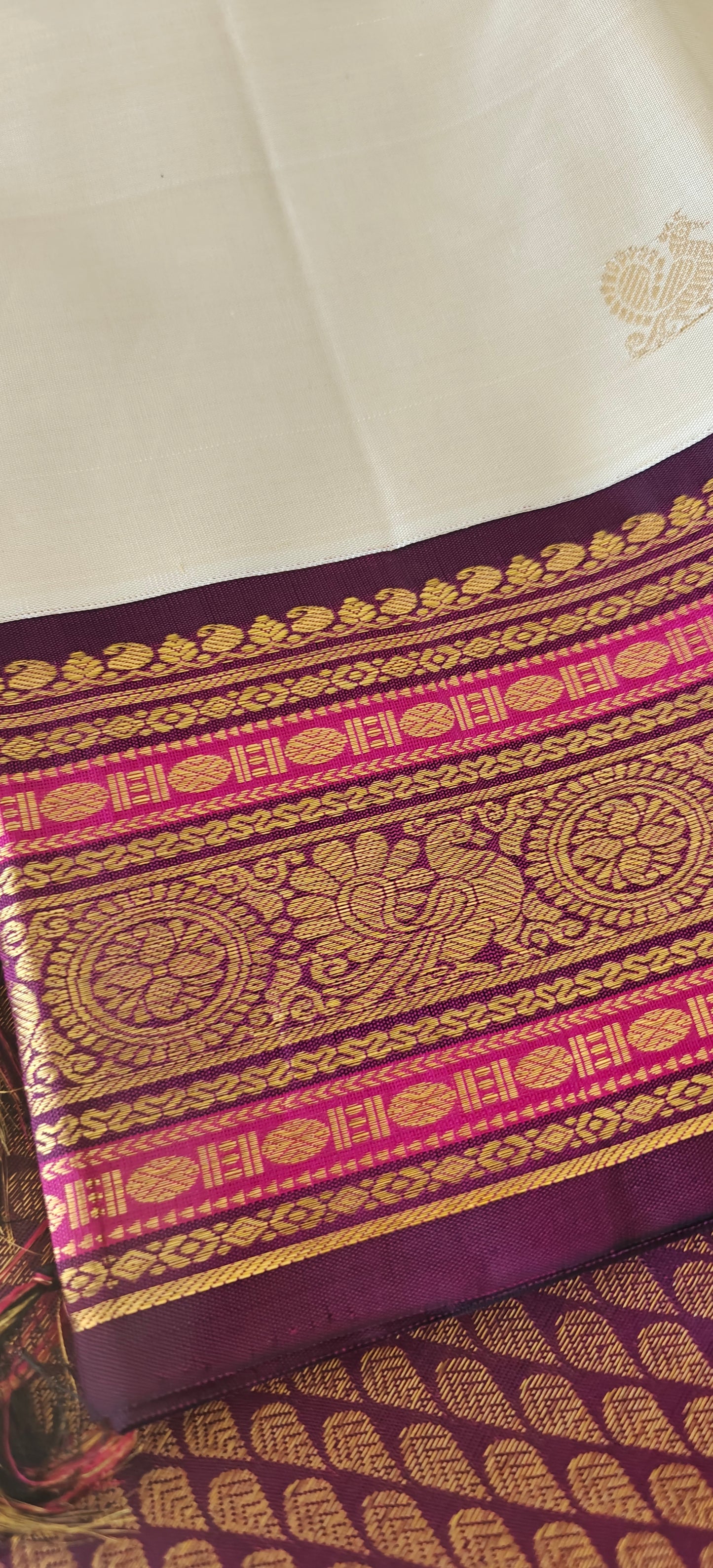 Cream and deep purple korvai -Kanjivaram Silk Saree
