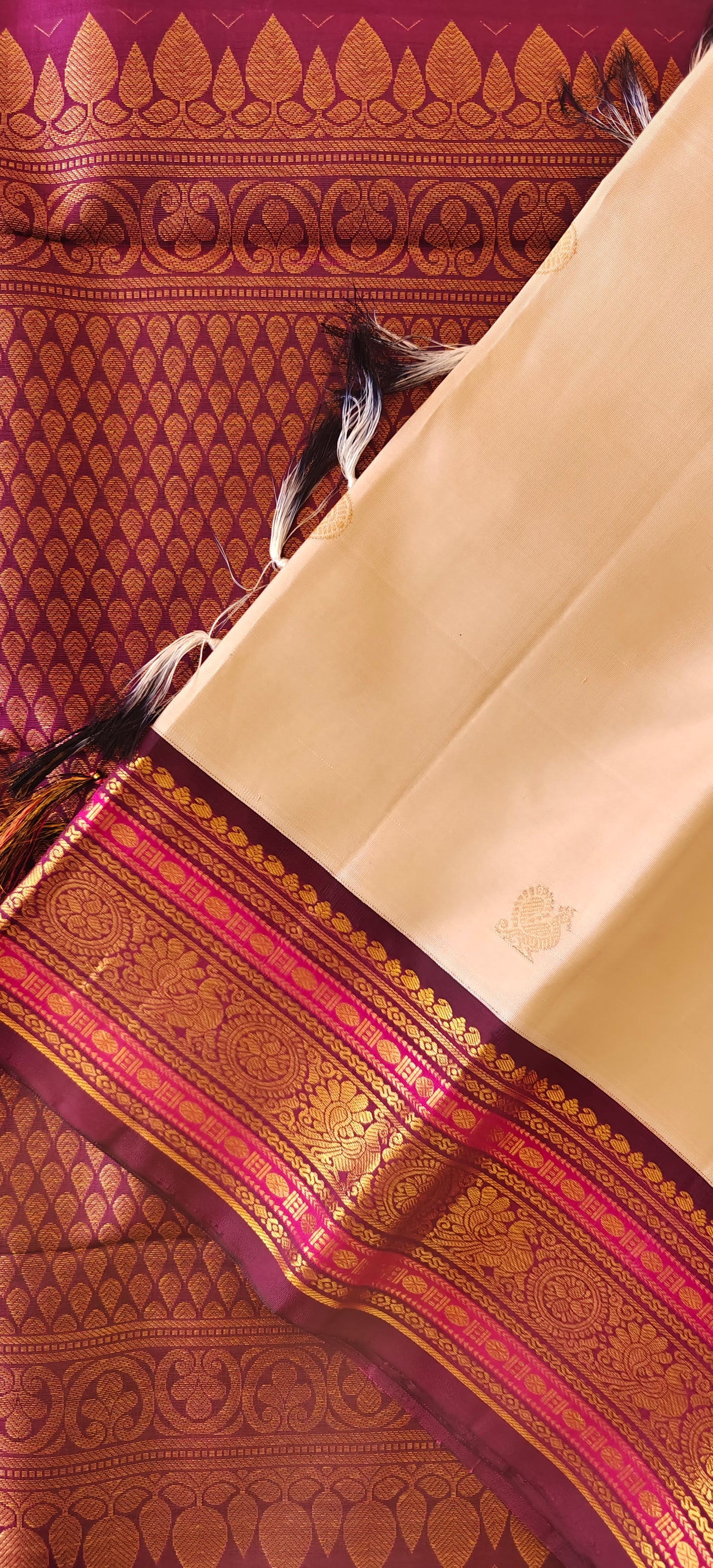 Cream and deep purple korvai -Kanjivaram Silk Saree