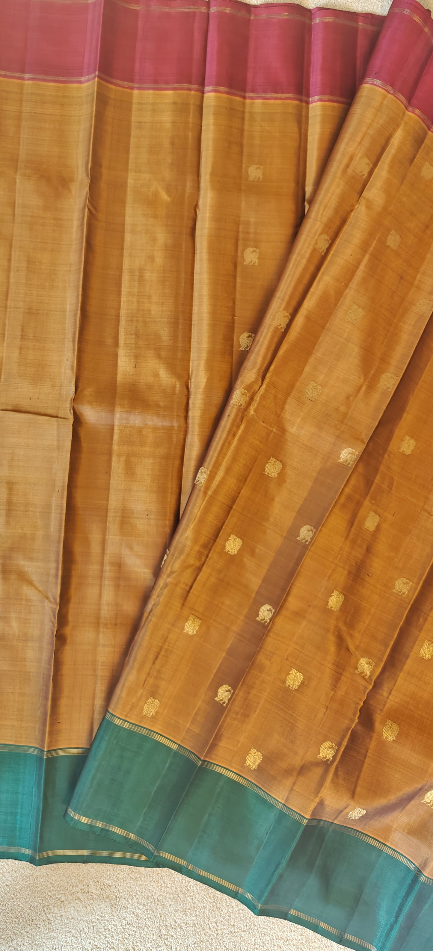 Honey,Maroon and Green ganga jamuna-Kanjivaram Silk Saree