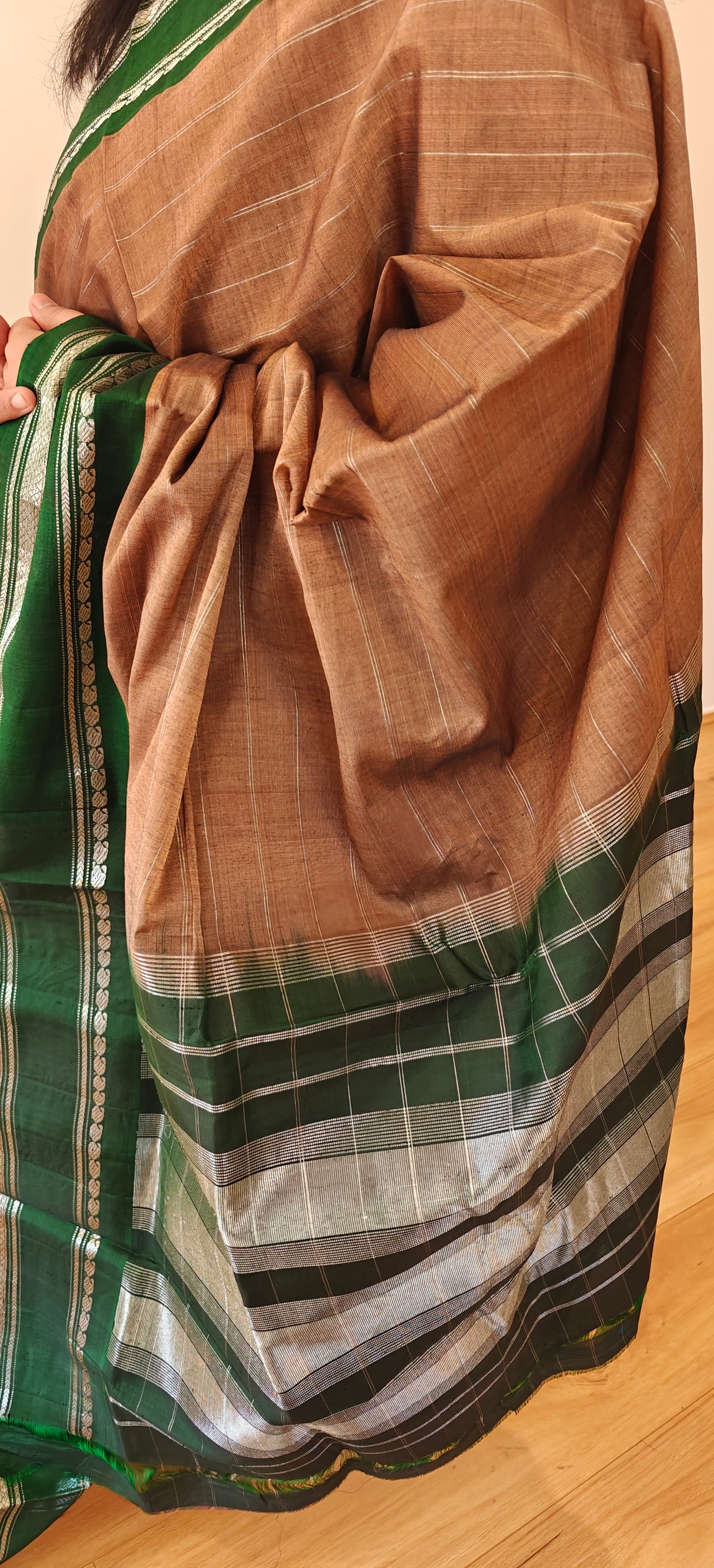 Brown and Green Silk Cotton Gadwal saree