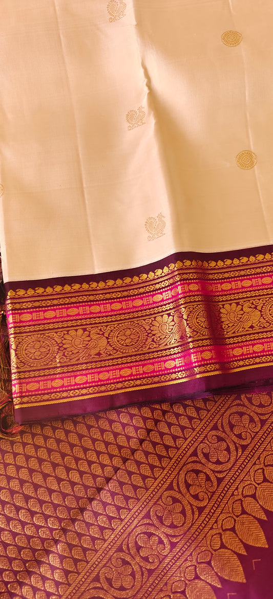 Cream and deep purple korvai -Kanjivaram Silk Saree