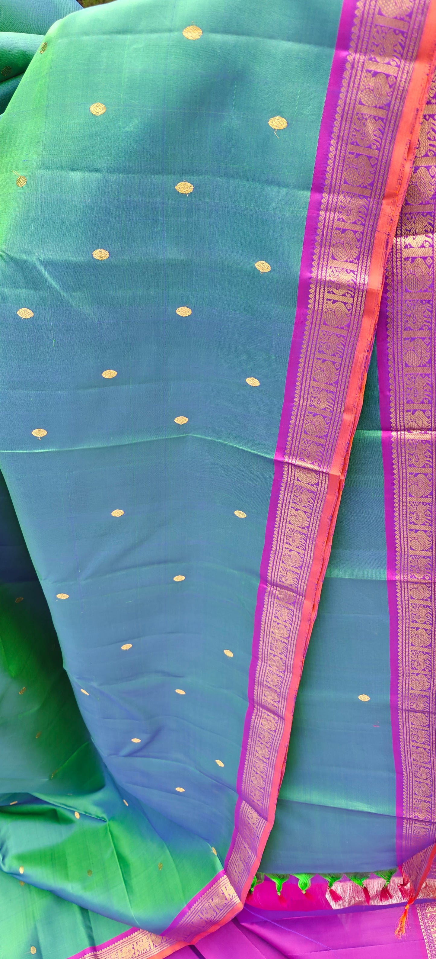 Pre Order:Peacock Green and Violet- Kanjivaram Silk Saree