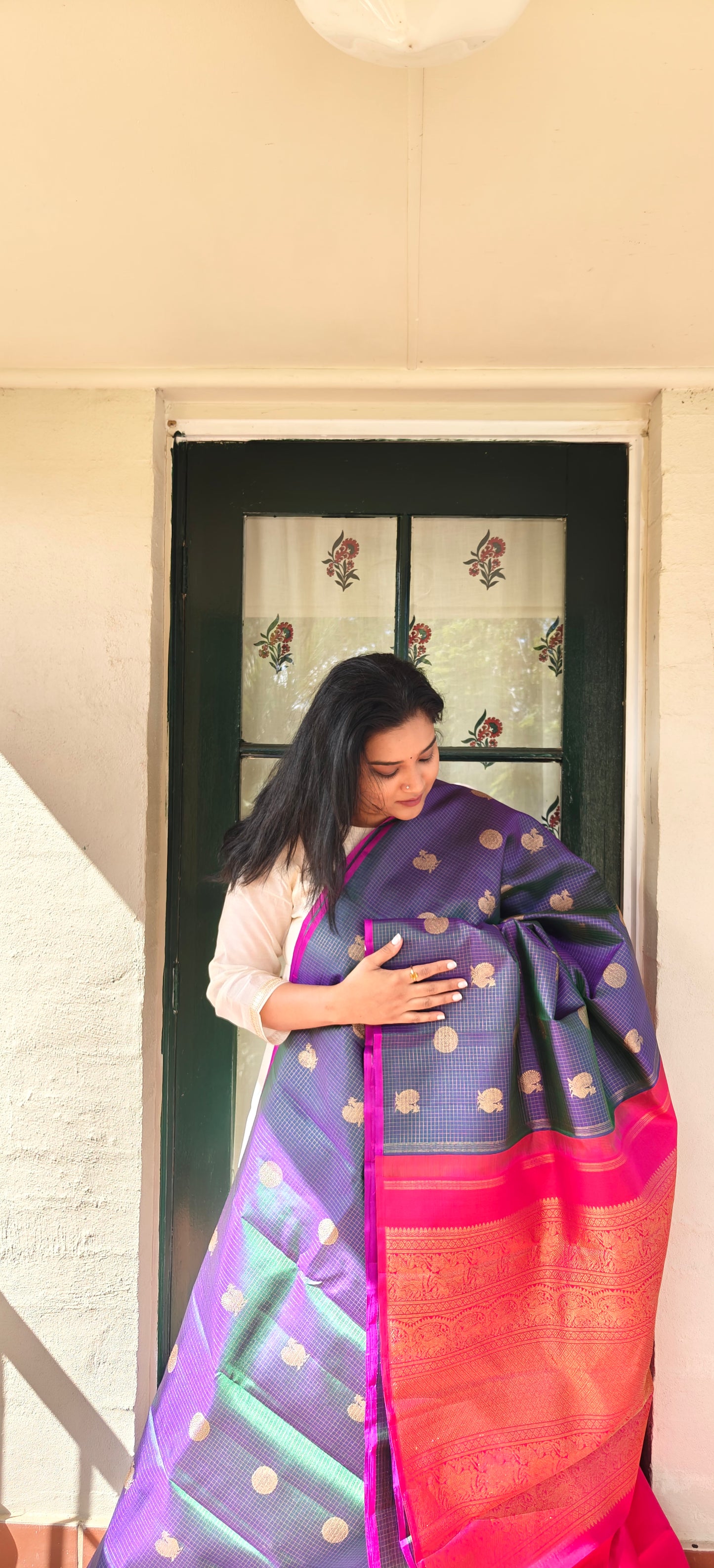 Peacock Blue and Pink Zari Kattam -Kanjivaram Silk Saree