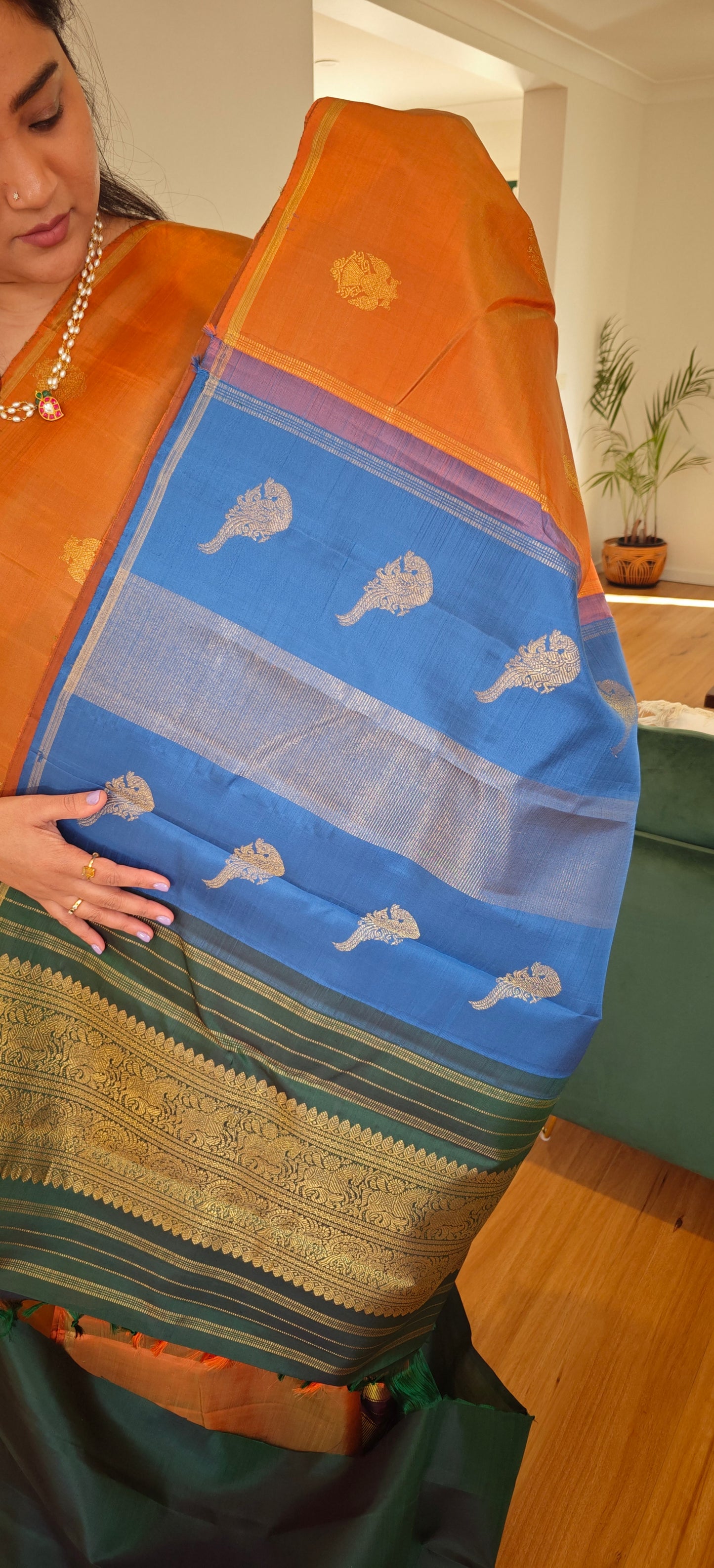 Rust orange double pallu kanjivaram silk saree