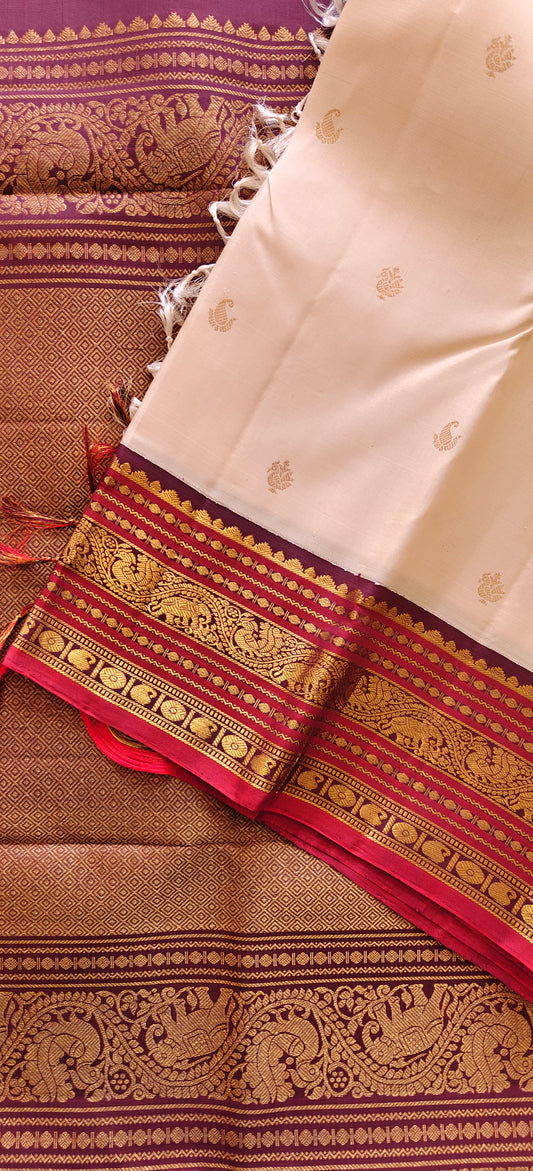 Cream and Brown korvai -Kanjivaram Silk Saree