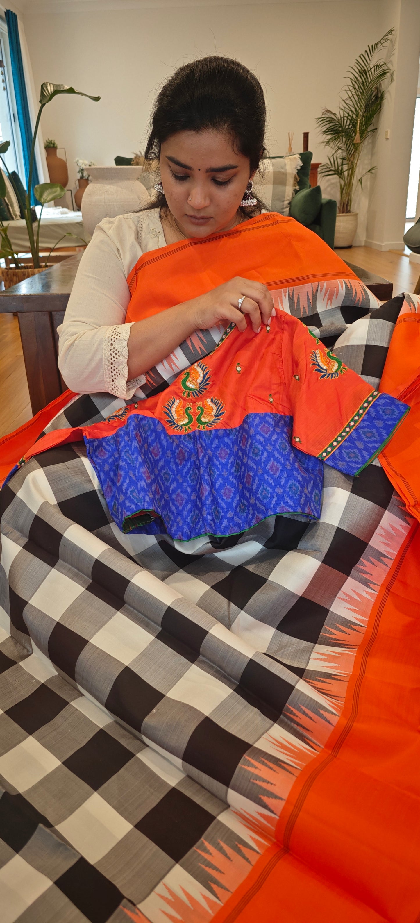 Orange and Blue Ikkat Patchwork Handcrafted Bloue