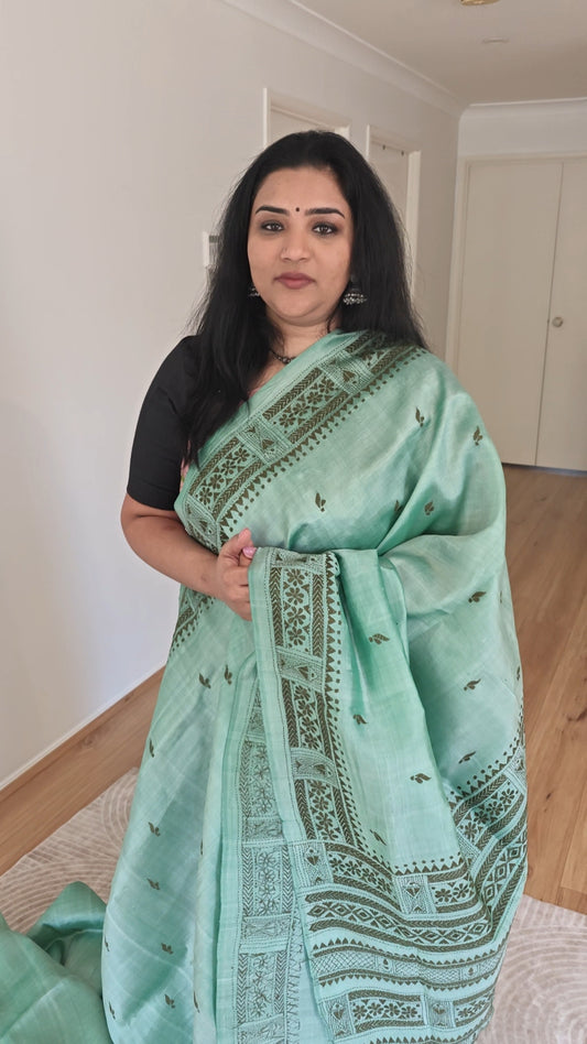Pastel Blue Kantha Silk Sari