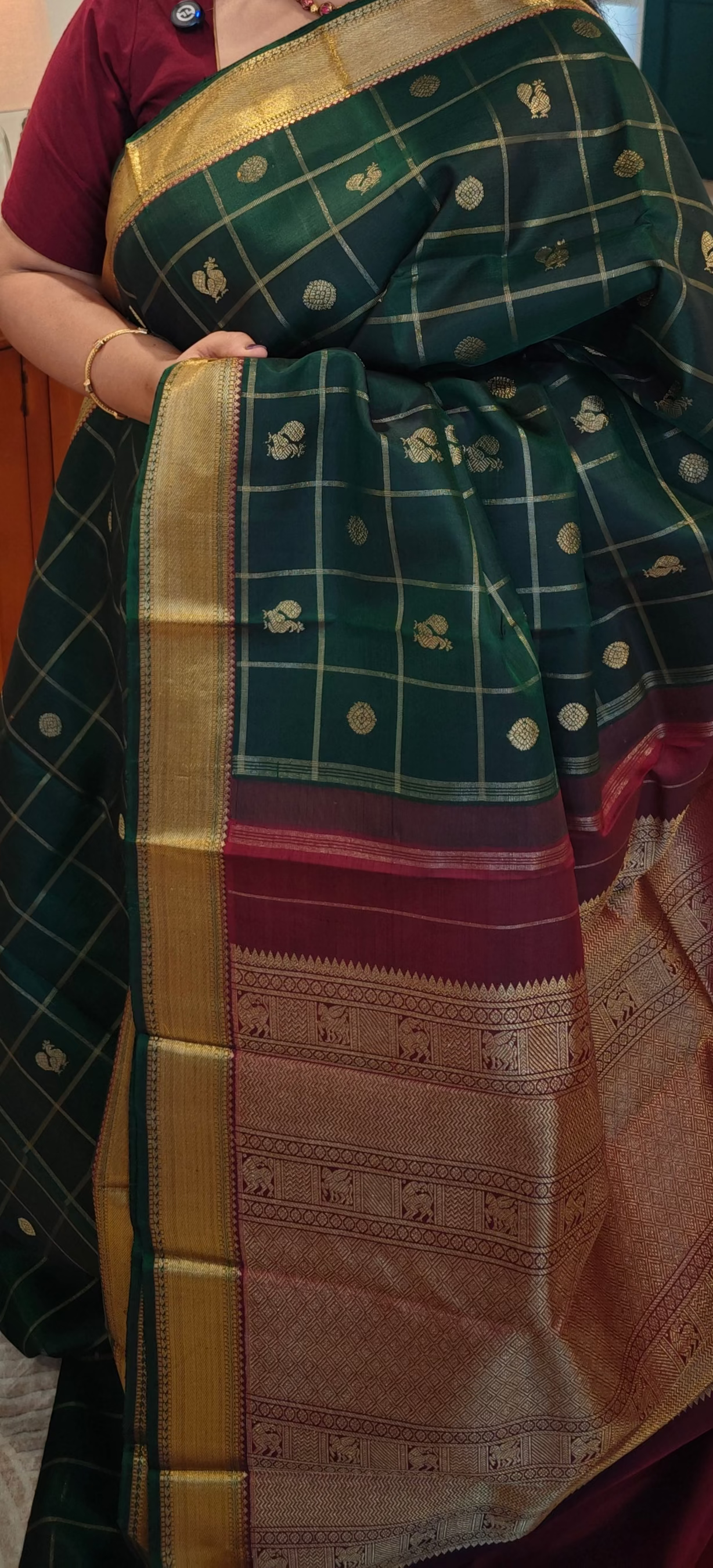 Bottle green and maroon kanjivaram silk saree