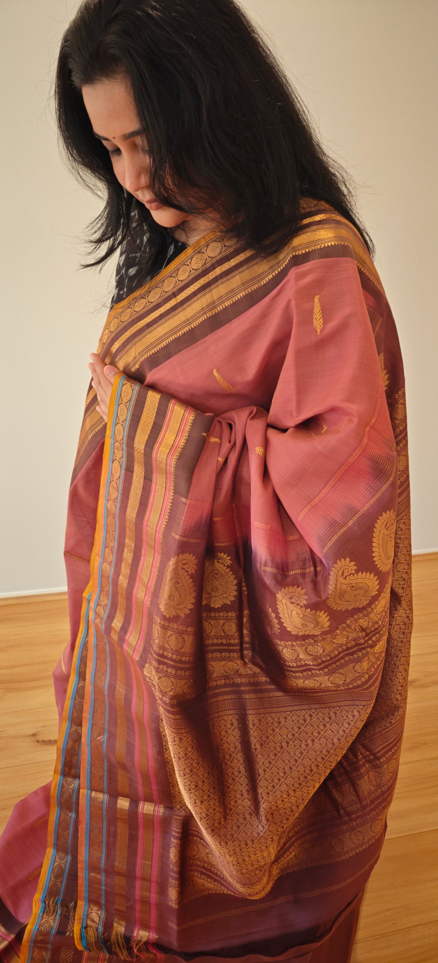Mauve and Brown Silk Cotton Gadwal saree